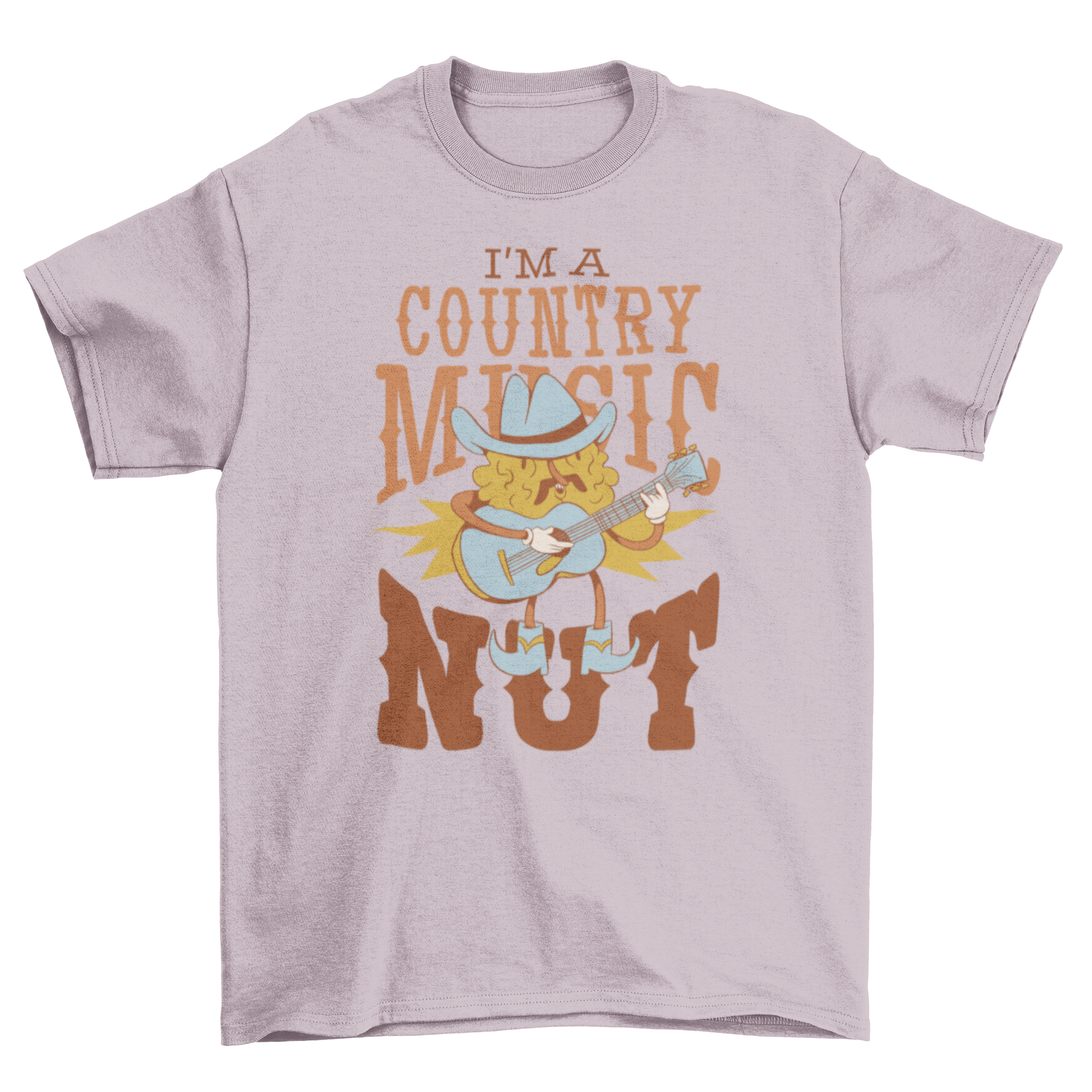 A stylish t-shirt featuring a cowboy nut character playing guitar, perfect for country music fans.