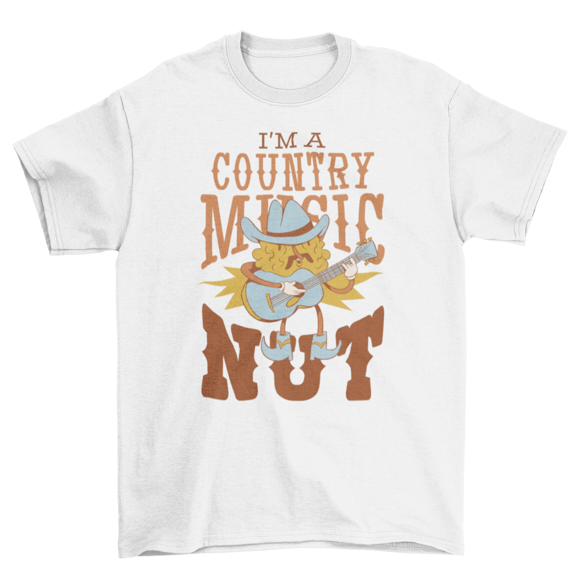 A stylish t-shirt featuring a cowboy nut character playing guitar, perfect for country music fans.