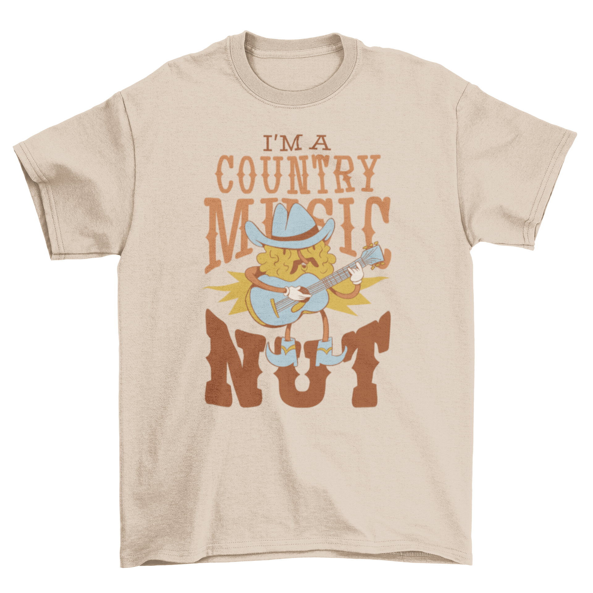 A stylish t-shirt featuring a cowboy nut character playing guitar, perfect for country music fans.