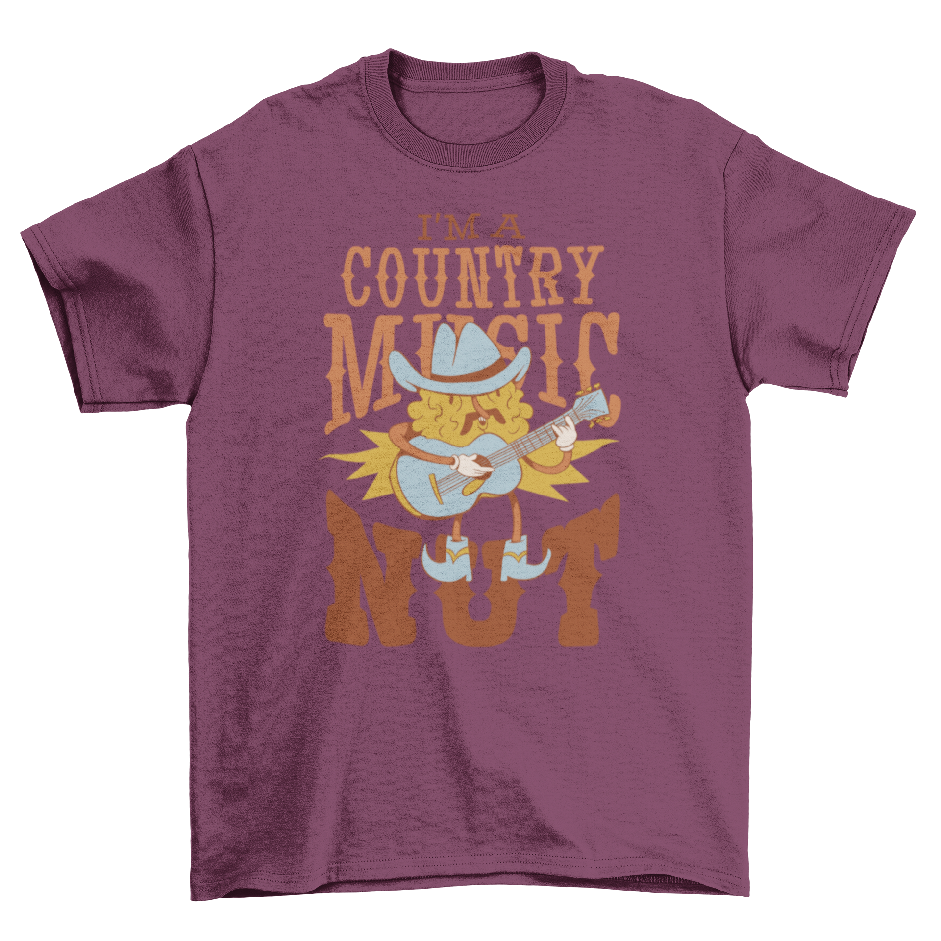 A stylish t-shirt featuring a cowboy nut character playing guitar, perfect for country music fans.