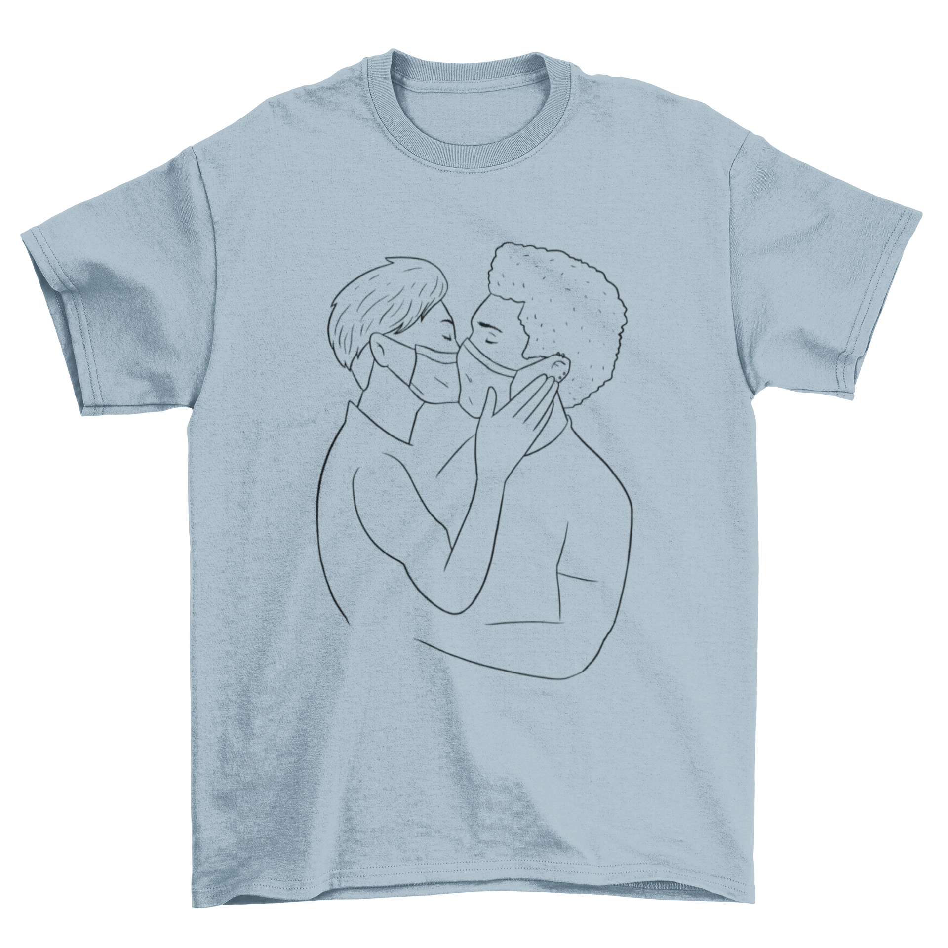 Couple Face Mask Kissing T-shirt featuring two men kissing while wearing face masks, showcasing love and safety.