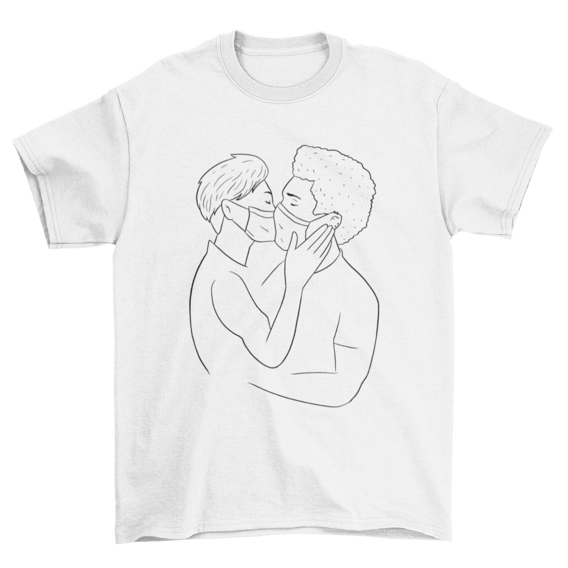 Couple Face Mask Kissing T-shirt featuring two men kissing while wearing face masks, showcasing love and safety.