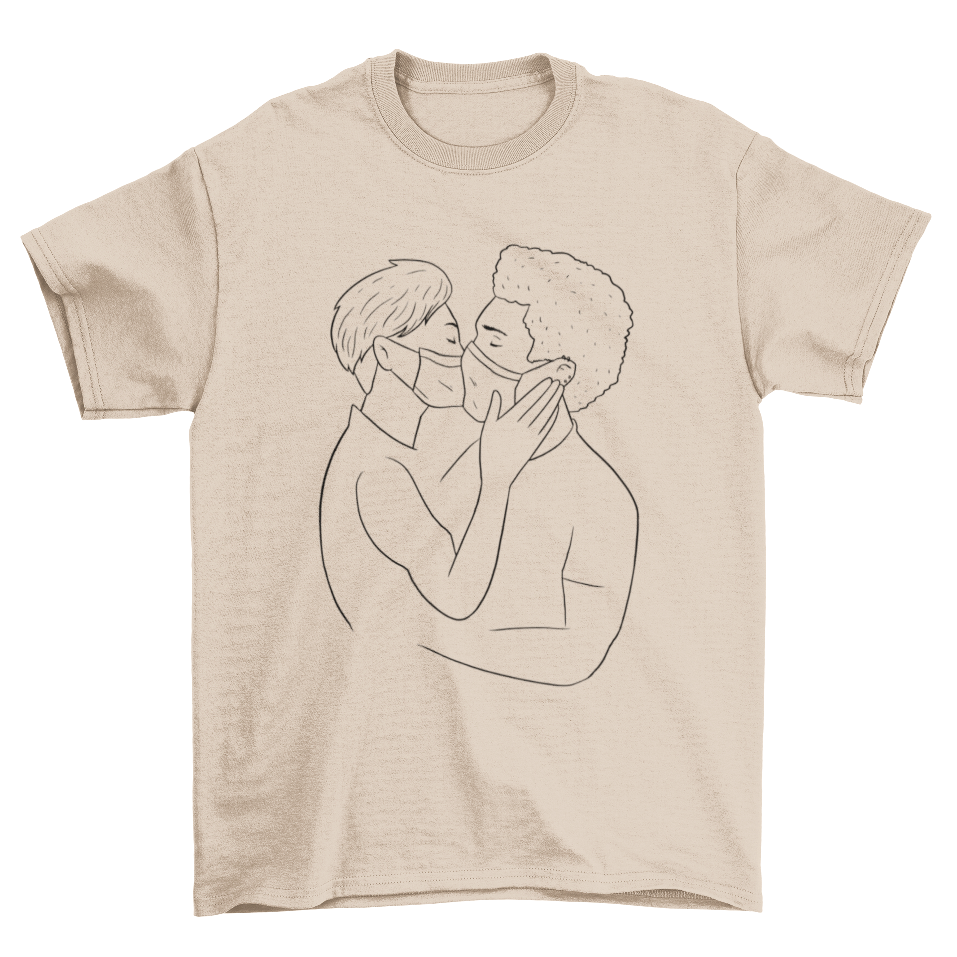 Couple Face Mask Kissing T-shirt featuring two men kissing while wearing face masks, showcasing love and safety.