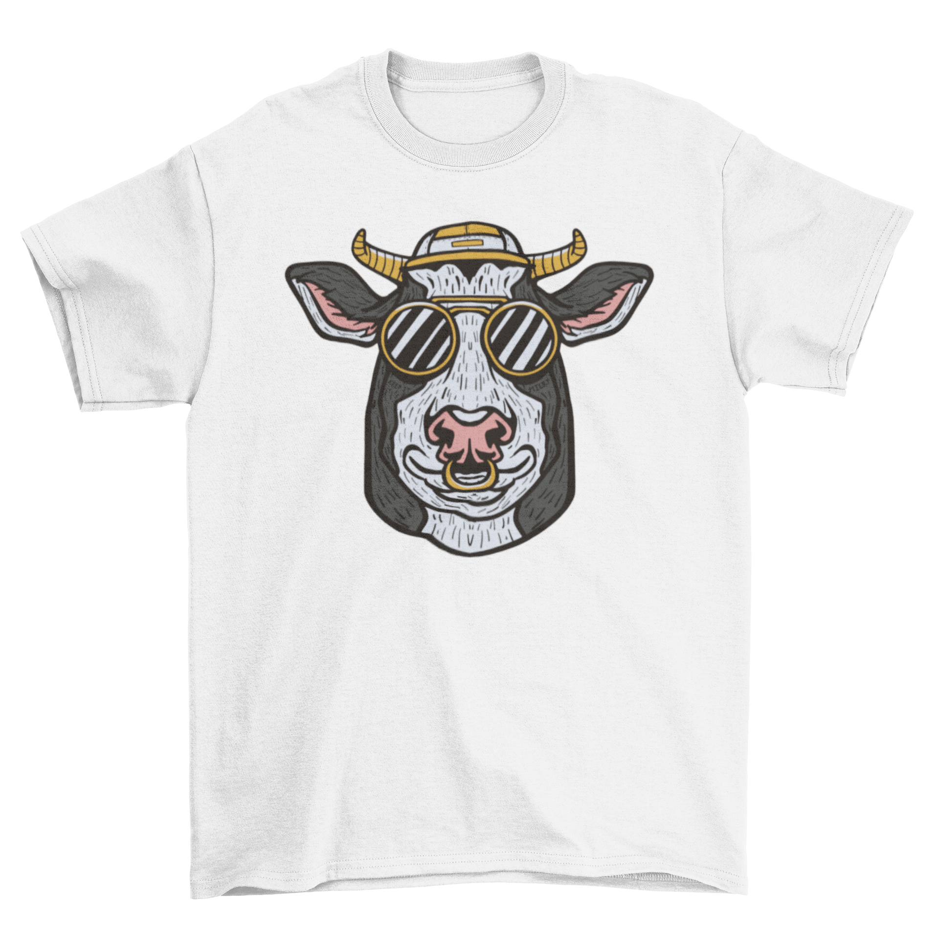 A stylish t-shirt featuring a cow's head wearing sunglasses and a hat, showcasing a fun and trendy design.