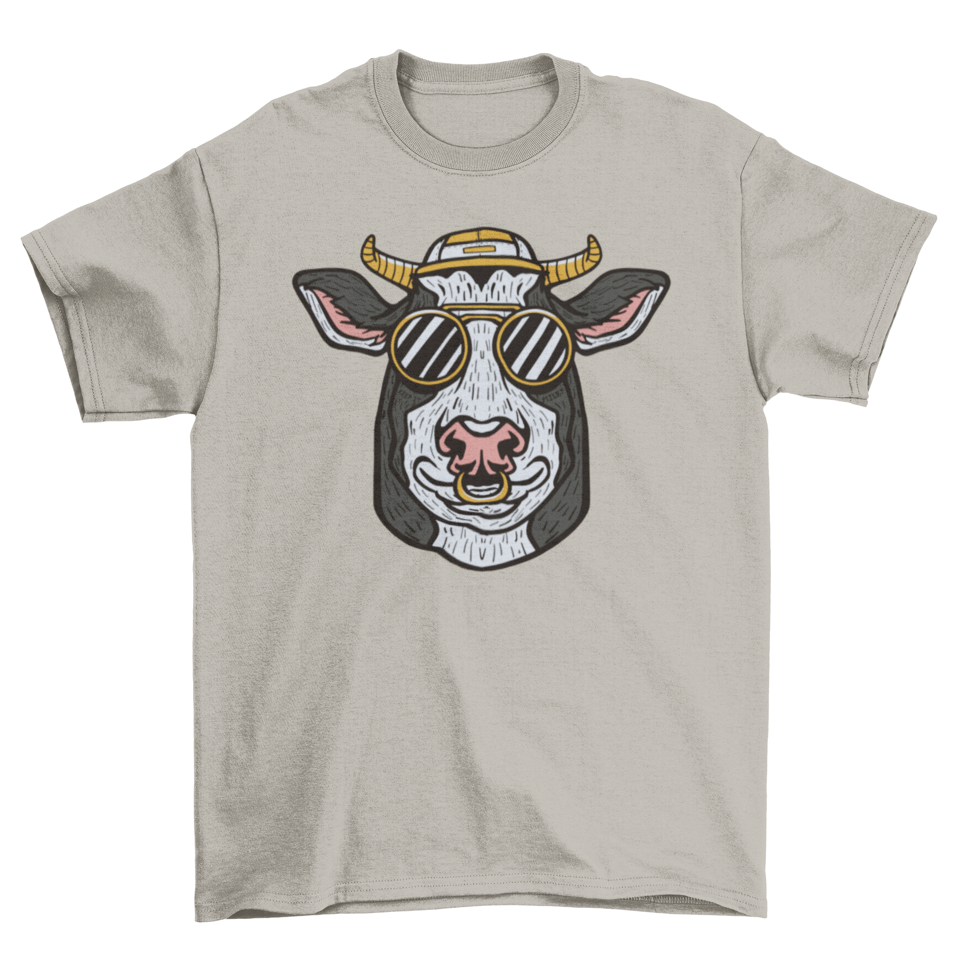 A stylish t-shirt featuring a cow's head wearing sunglasses and a hat, showcasing a fun and trendy design.