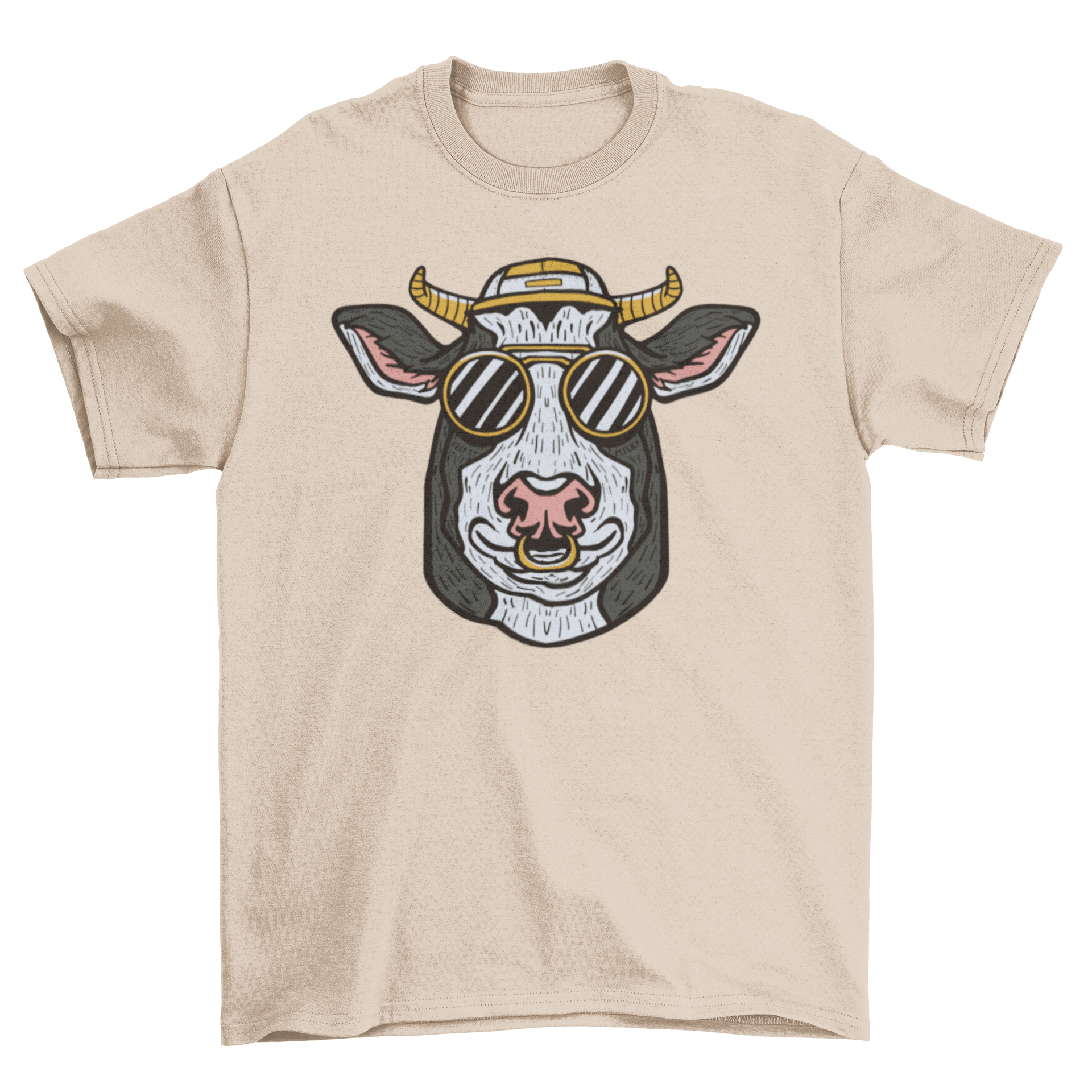 A stylish t-shirt featuring a cow's head wearing sunglasses and a hat, showcasing a fun and trendy design.