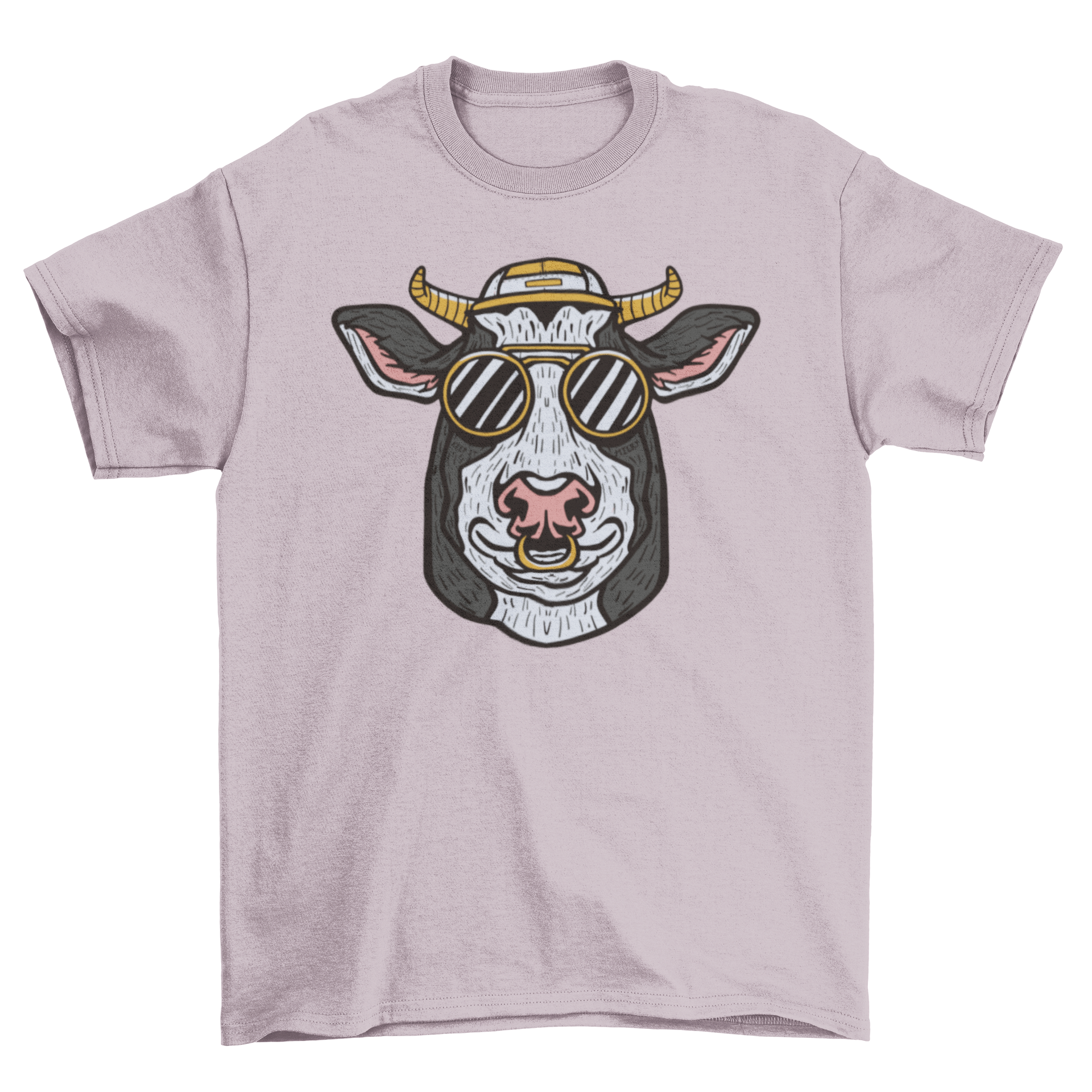 A stylish t-shirt featuring a cow's head wearing sunglasses and a hat, showcasing a fun and trendy design.