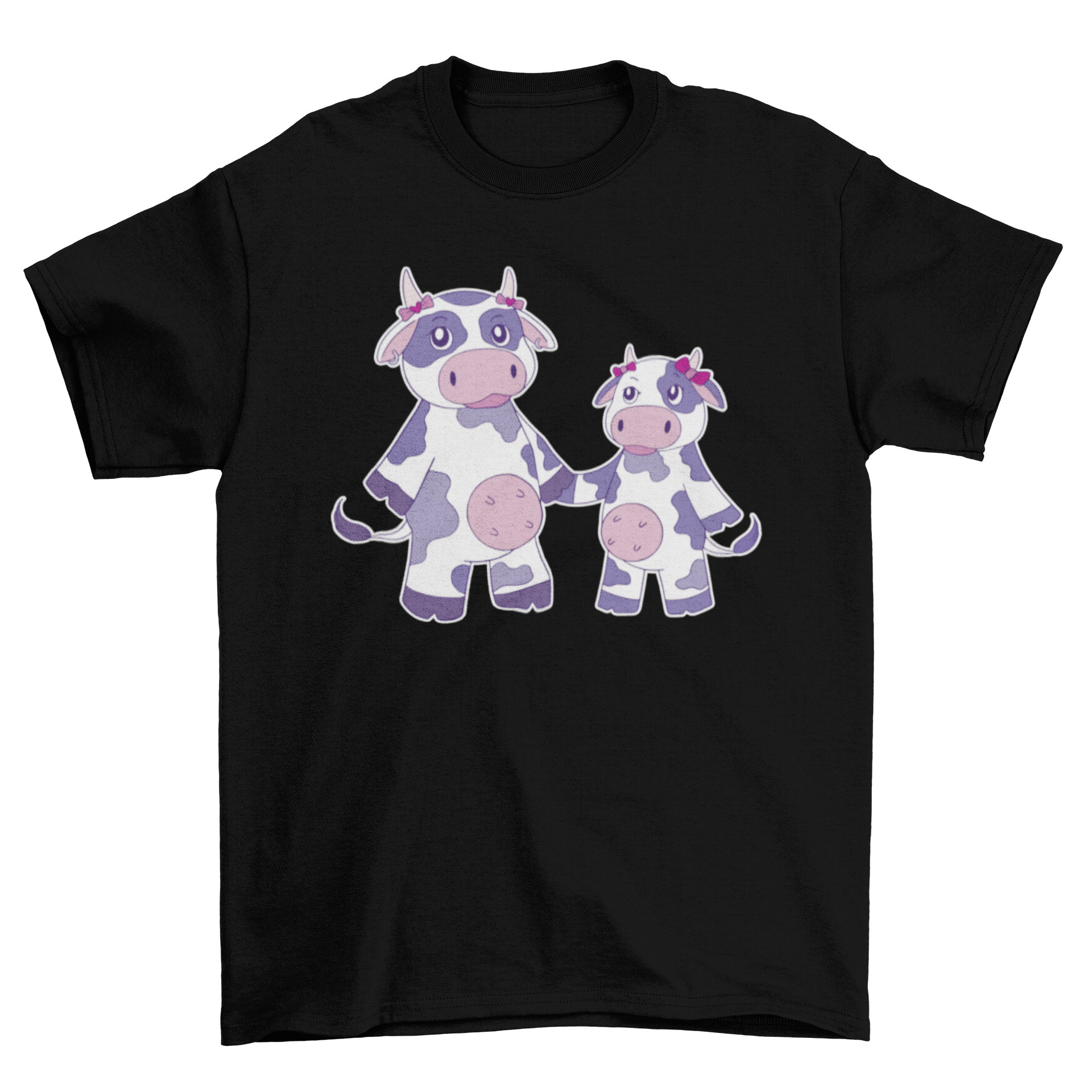 A cute t-shirt featuring two cow sisters holding hands, showcasing a playful and charming design.