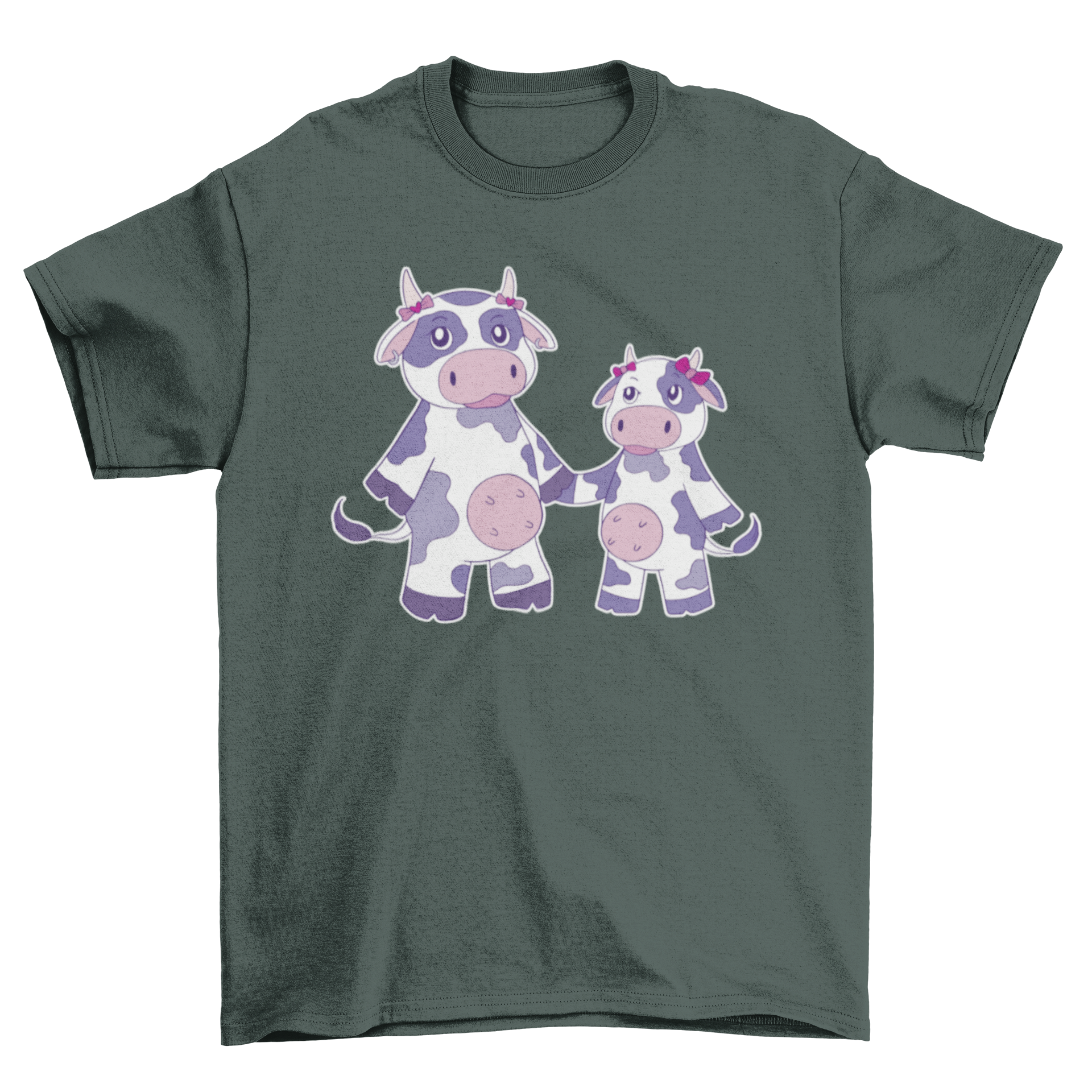 A cute t-shirt featuring two cow sisters holding hands, showcasing a playful and charming design.