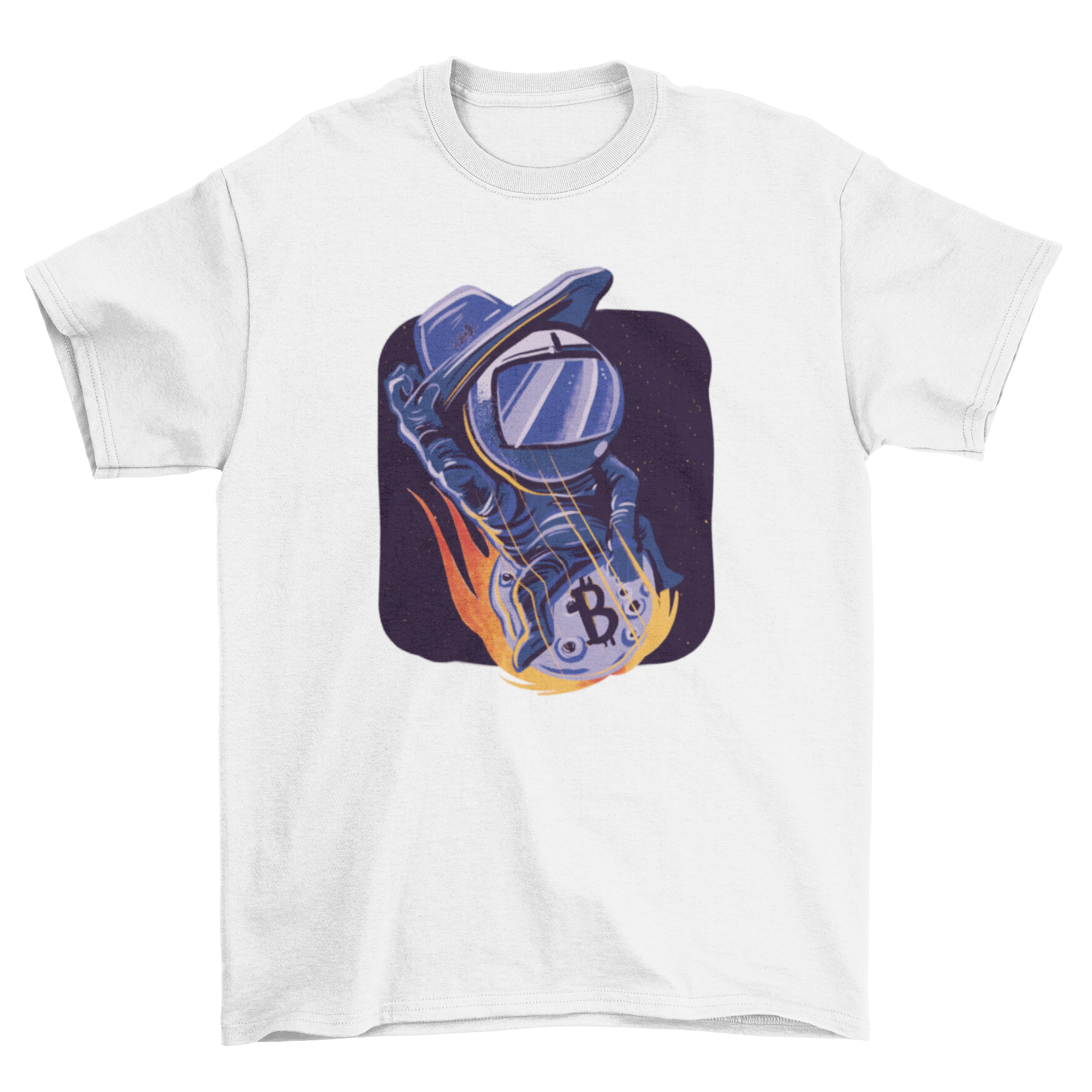 A stylish t-shirt featuring a cowboy astronaut riding a colorful crypto comet, perfect for space and cryptocurrency enthusiasts.