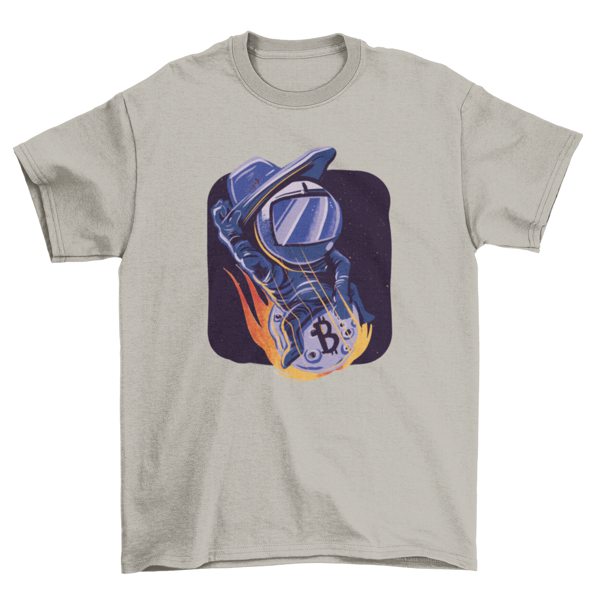 A stylish t-shirt featuring a cowboy astronaut riding a colorful crypto comet, perfect for space and cryptocurrency enthusiasts.