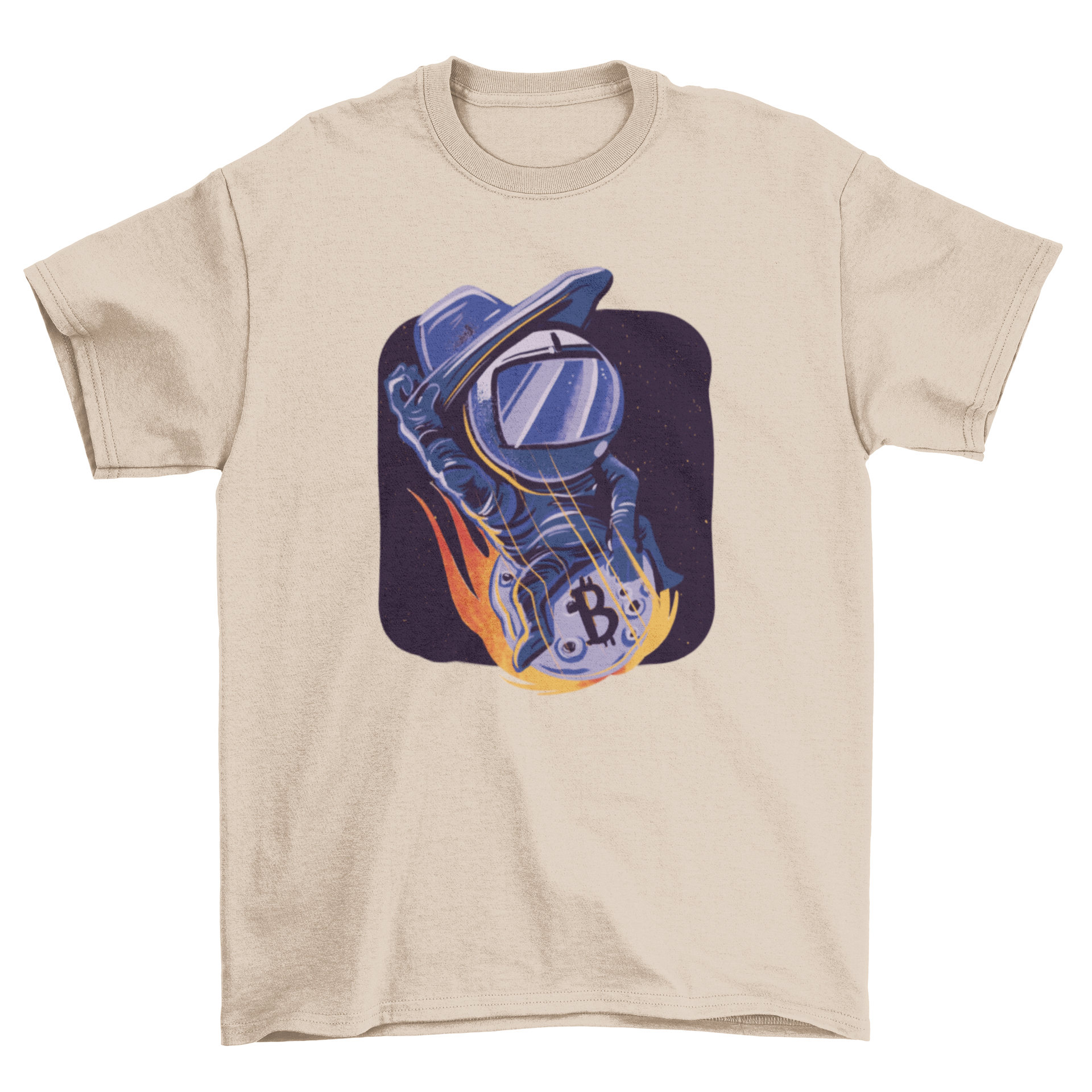 A stylish t-shirt featuring a cowboy astronaut riding a colorful crypto comet, perfect for space and cryptocurrency enthusiasts.