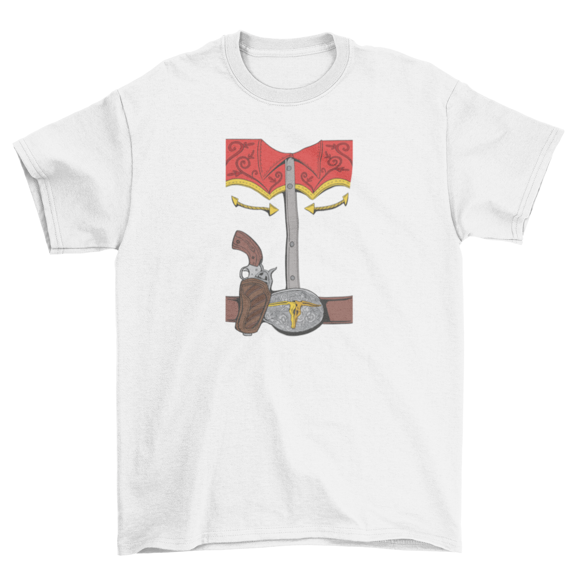 A stylish cowboy costume t-shirt featuring a detailed illustration of a cowboy outfit, perfect for Halloween.