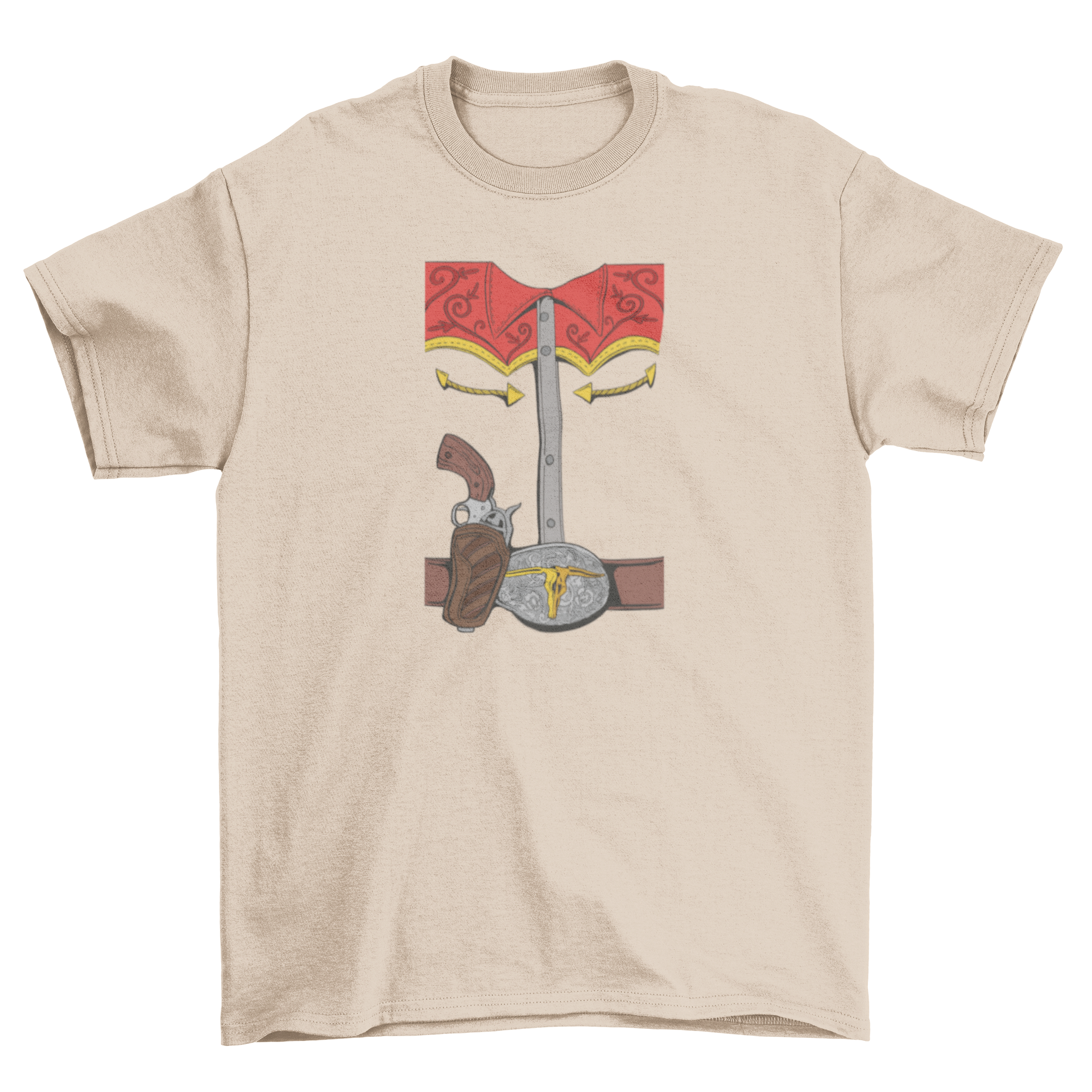 A stylish cowboy costume t-shirt featuring a detailed illustration of a cowboy outfit, perfect for Halloween.