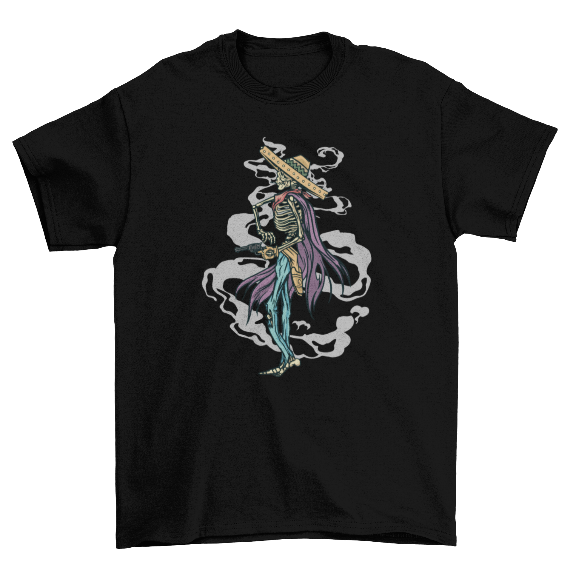 A stylish Cowboy Skeleton T-Shirt featuring a skeleton cowboy firing a gun, showcasing a unique and edgy design.