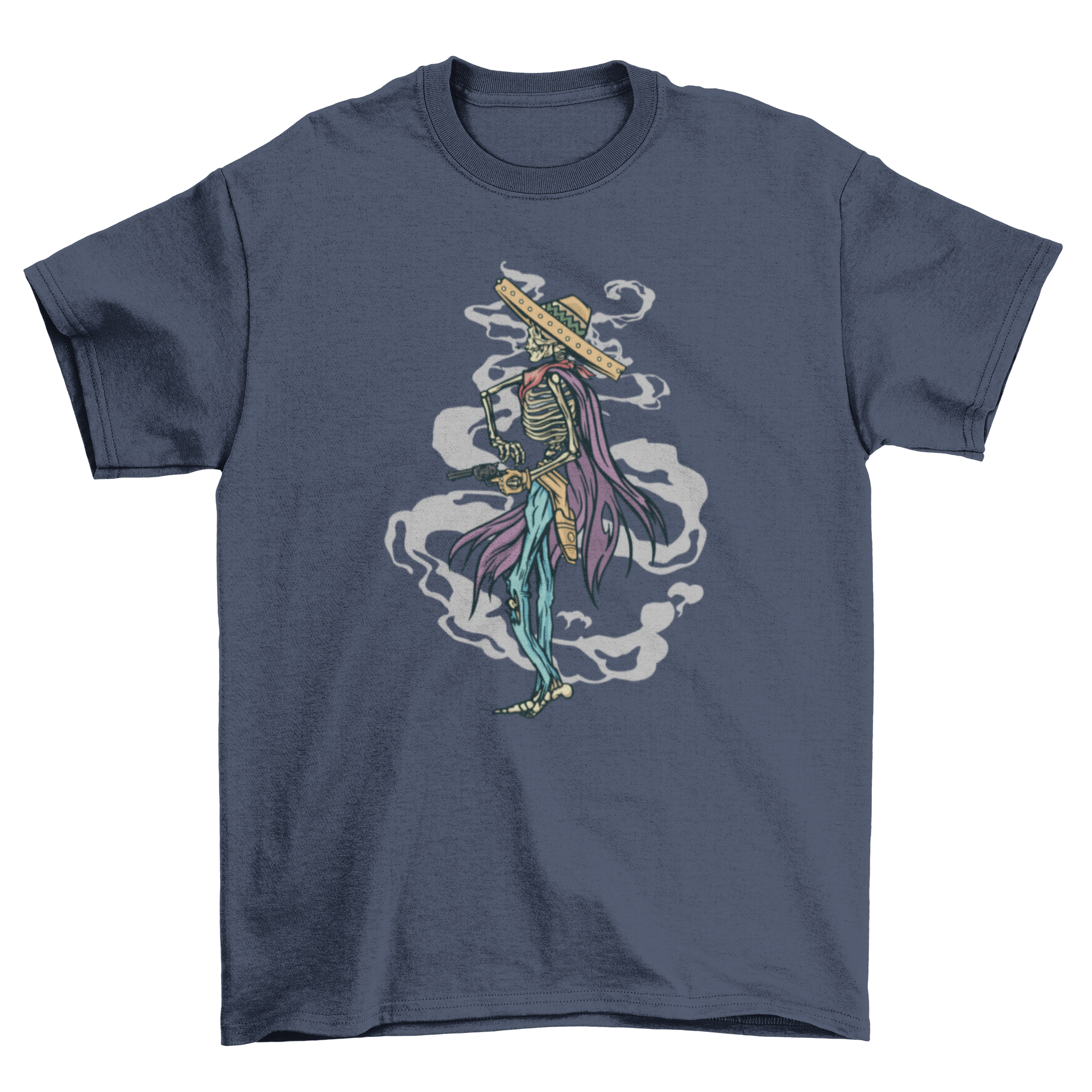 A stylish Cowboy Skeleton T-Shirt featuring a skeleton cowboy firing a gun, showcasing a unique and edgy design.