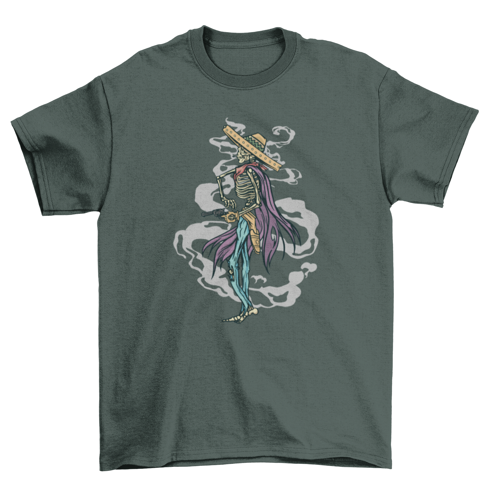 A stylish Cowboy Skeleton T-Shirt featuring a skeleton cowboy firing a gun, showcasing a unique and edgy design.