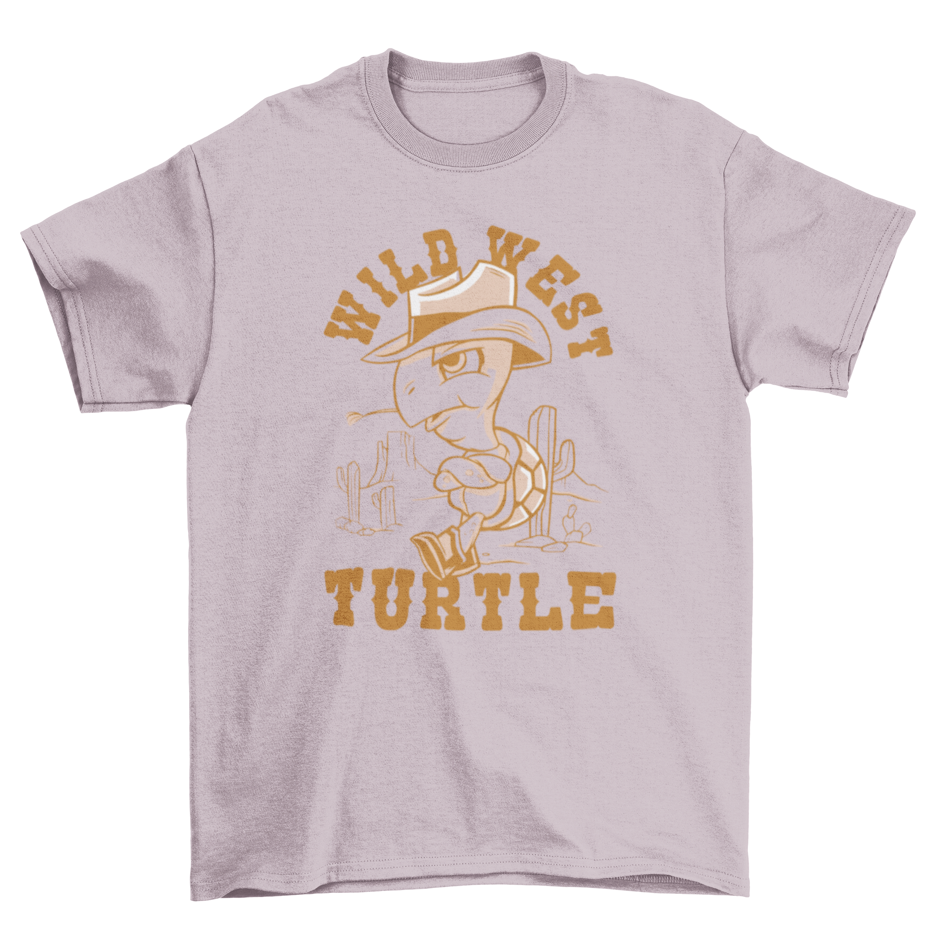 A colorful cartoon t-shirt featuring a turtle dressed as a cowboy with a hat and boots, alongside the quote 'Wild west turtle'.