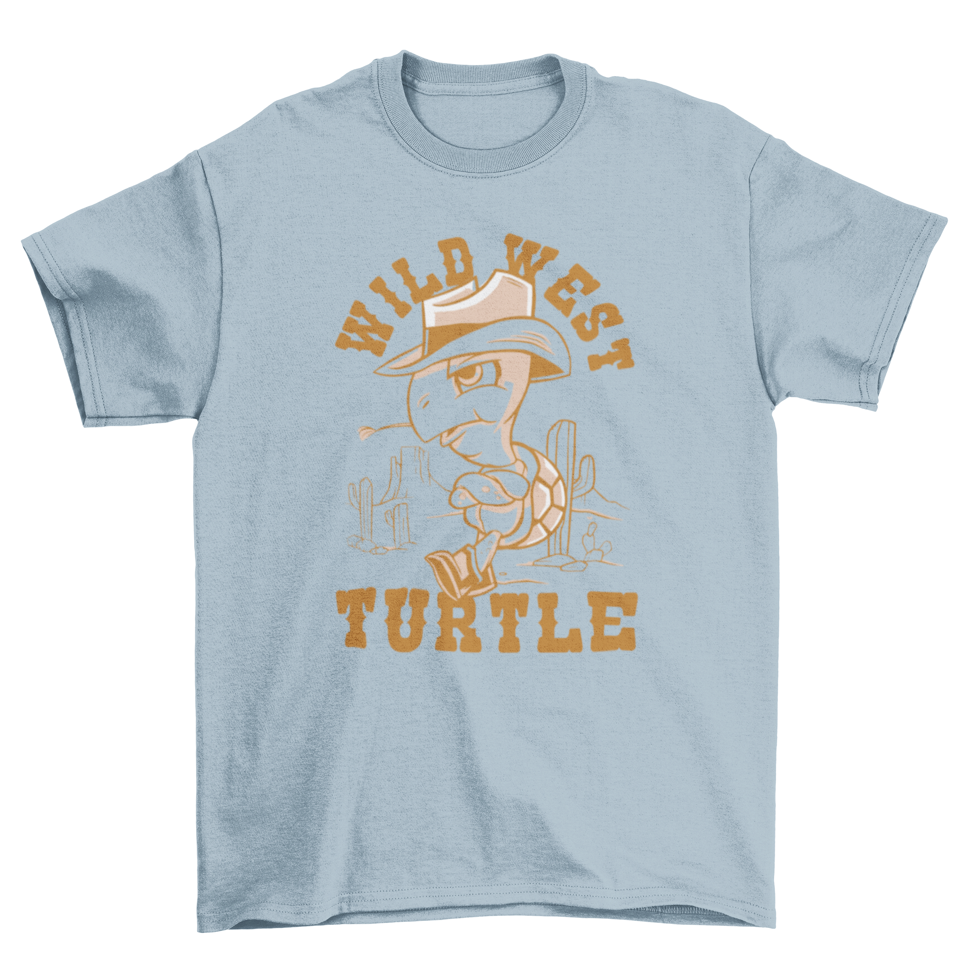 A colorful cartoon t-shirt featuring a turtle dressed as a cowboy with a hat and boots, alongside the quote 'Wild west turtle'.