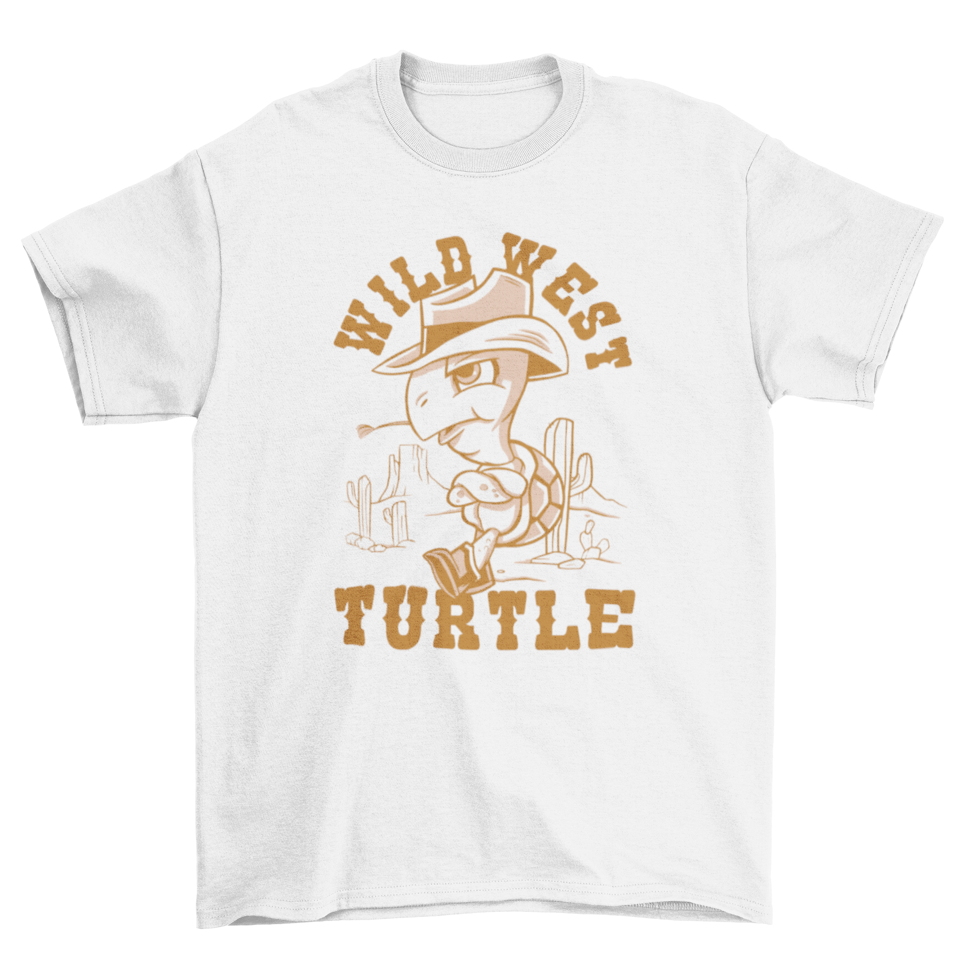 A colorful cartoon t-shirt featuring a turtle dressed as a cowboy with a hat and boots, alongside the quote 'Wild west turtle'.