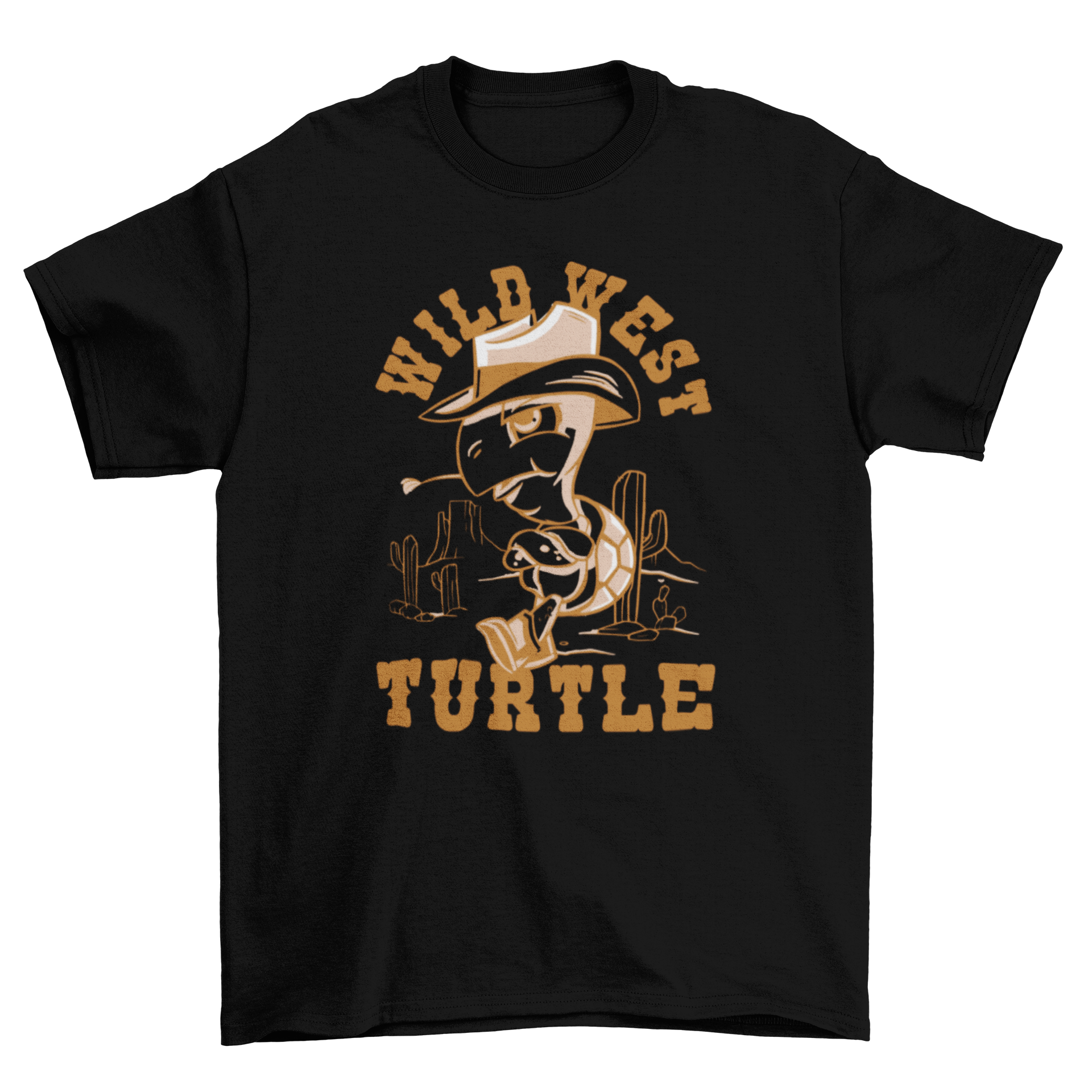 A colorful cartoon t-shirt featuring a turtle dressed as a cowboy with a hat and boots, alongside the quote 'Wild west turtle'.