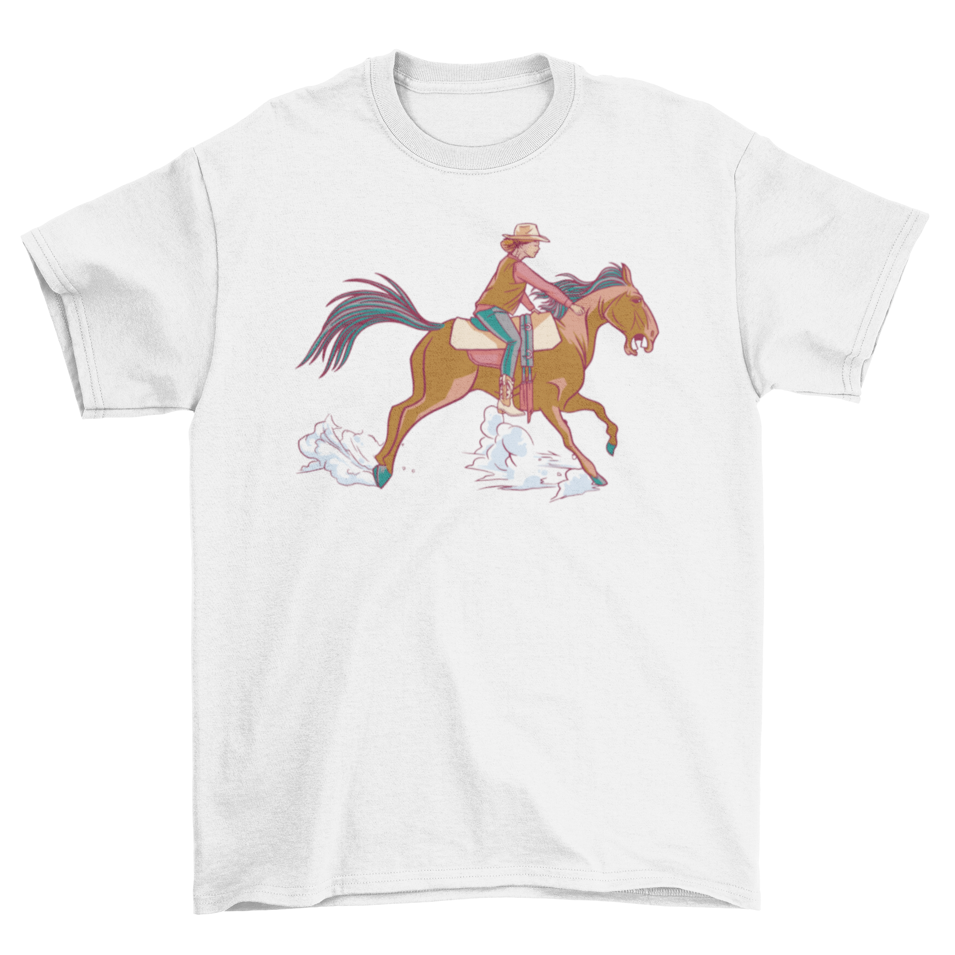 A stylish t-shirt featuring a girl in a cowboy hat riding a horse, perfect for equestrian enthusiasts.