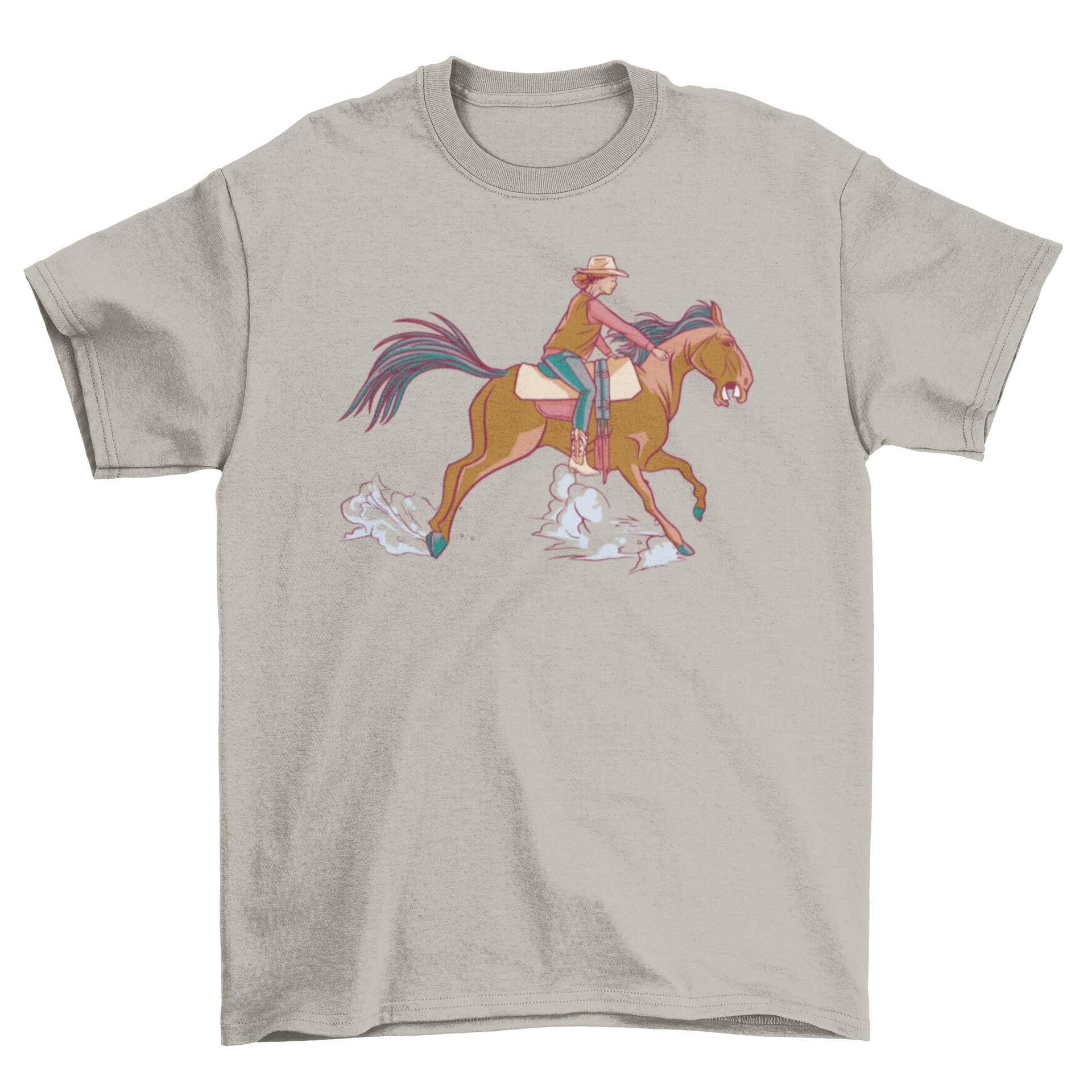 A stylish t-shirt featuring a girl in a cowboy hat riding a horse, perfect for equestrian enthusiasts.