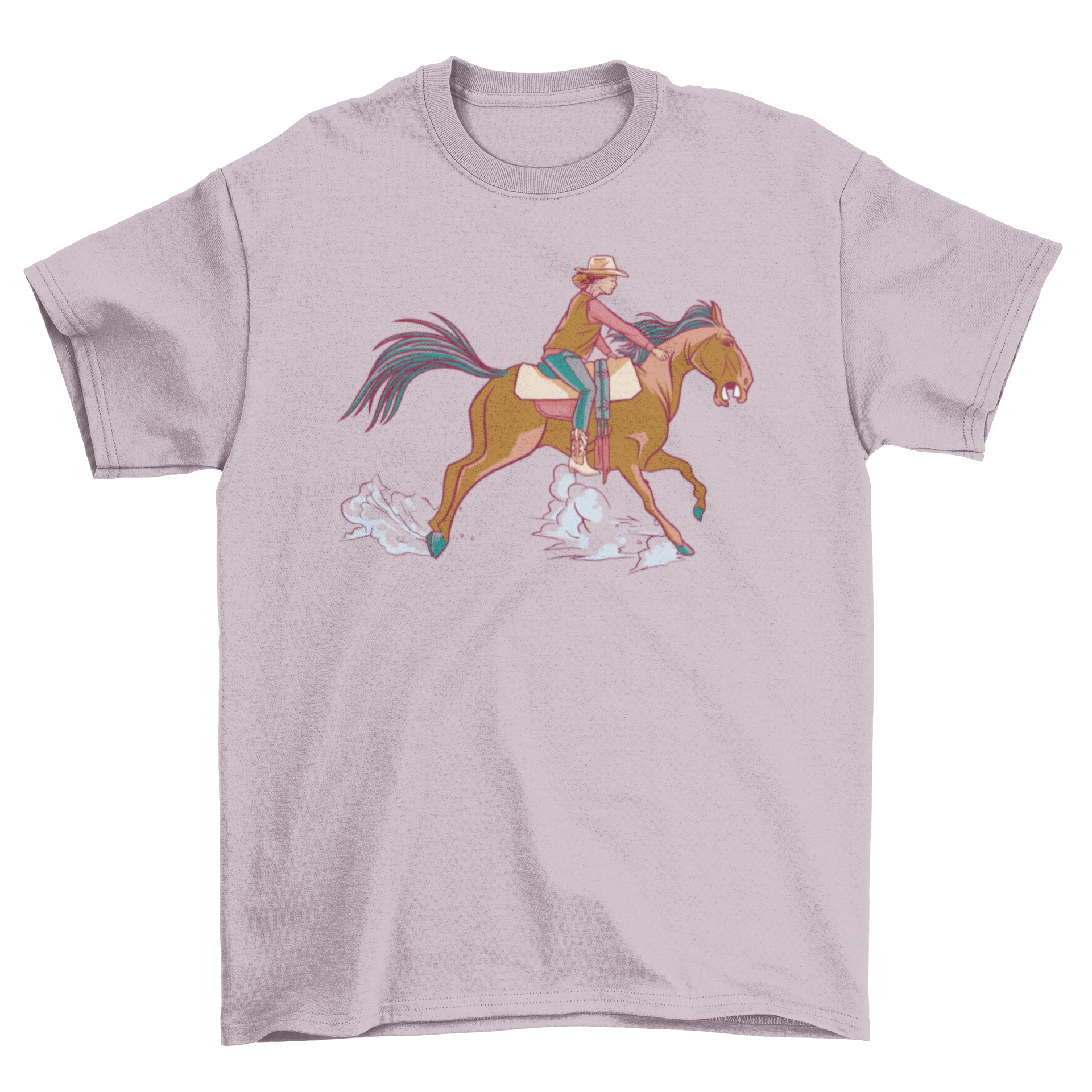 A stylish t-shirt featuring a girl in a cowboy hat riding a horse, perfect for equestrian enthusiasts.