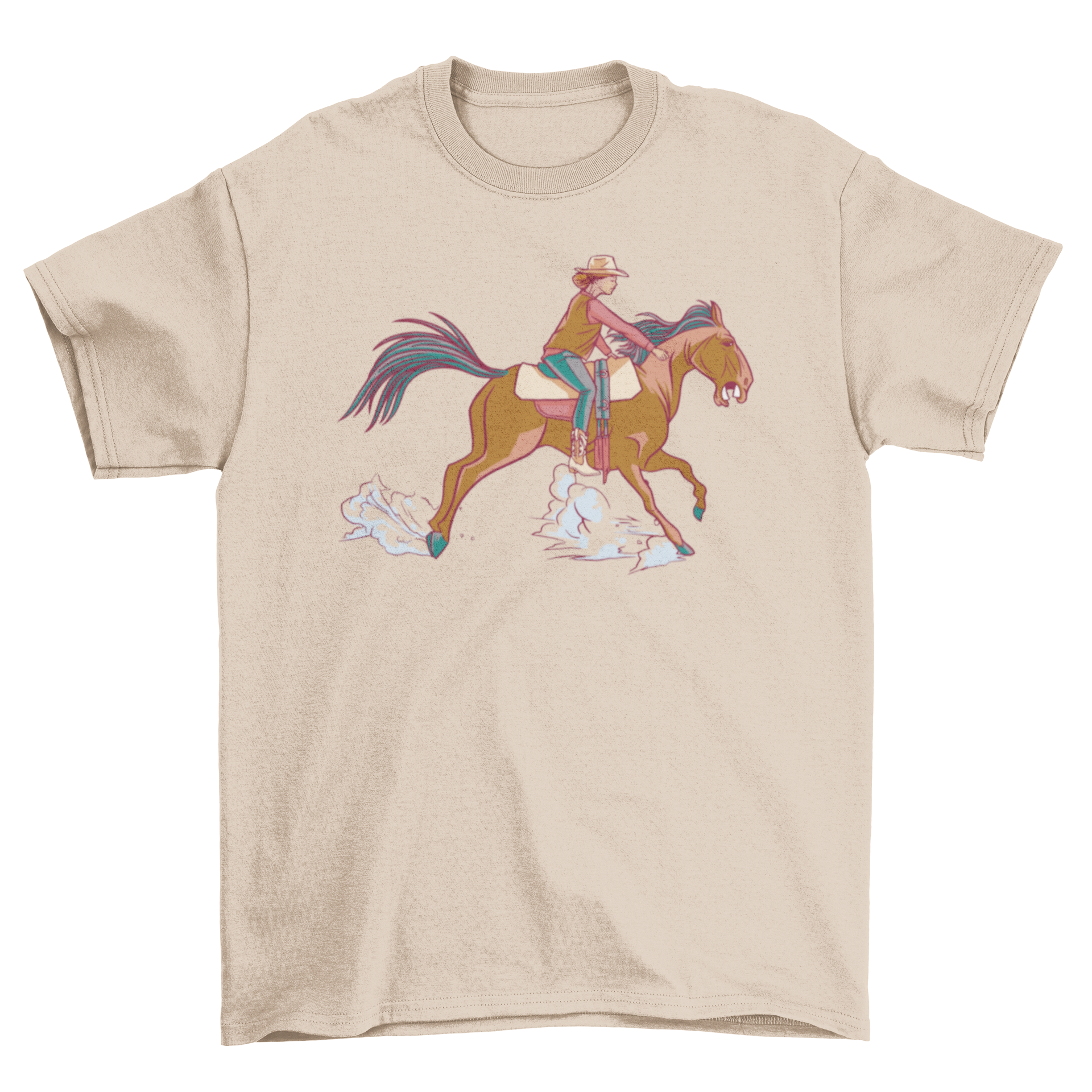 A stylish t-shirt featuring a girl in a cowboy hat riding a horse, perfect for equestrian enthusiasts.