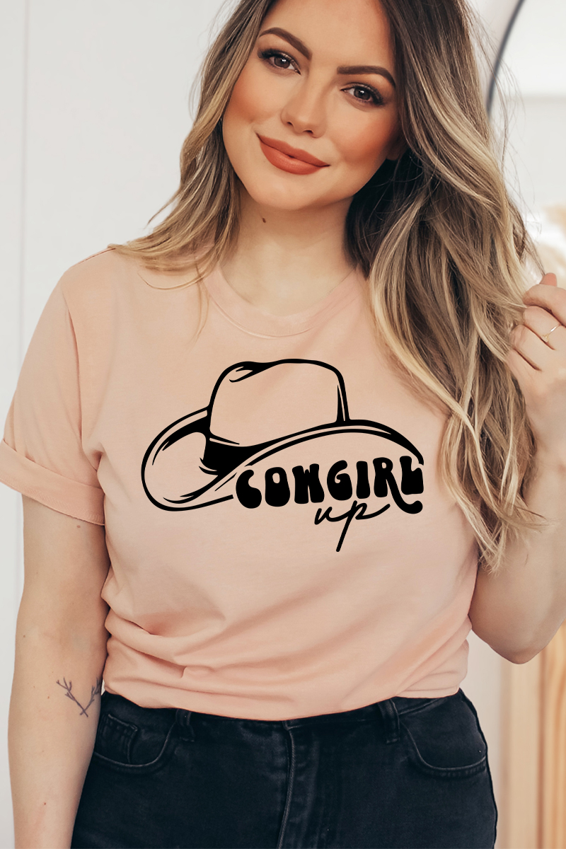 Cowgirl Up T-shirt made of premium ring spun cotton, featuring a vibrant flex print design.