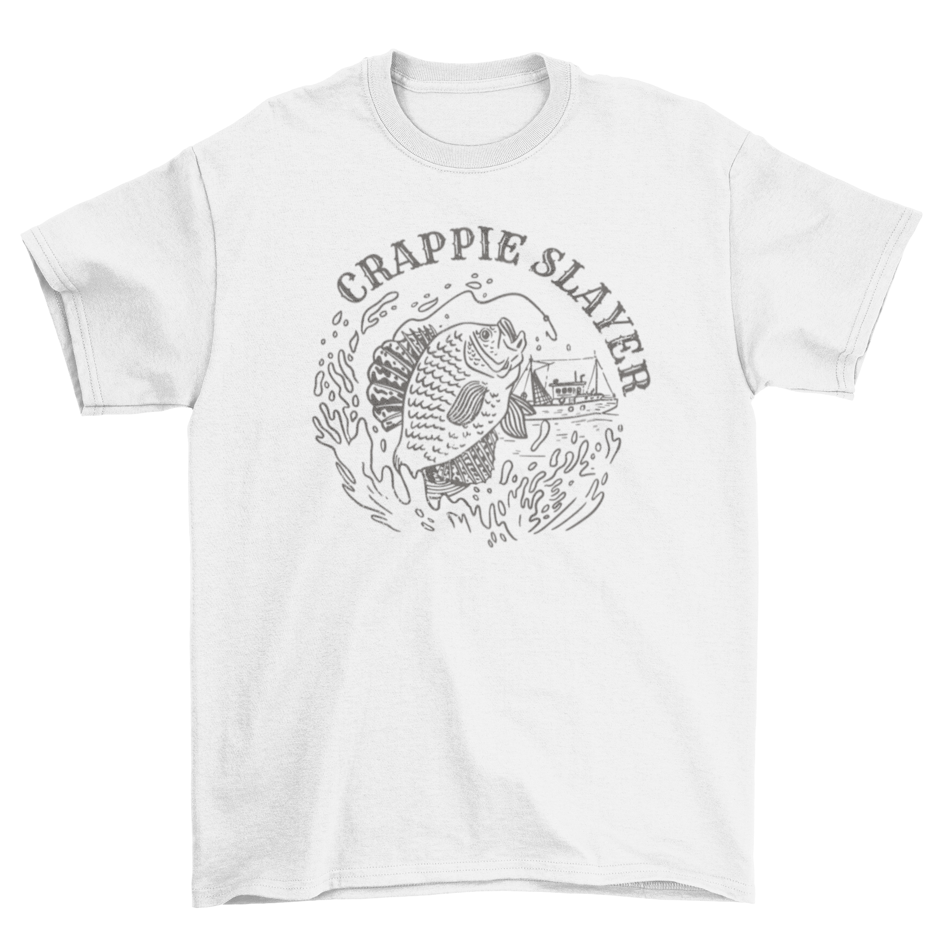 A humorous fishing t-shirt featuring a fish and hook design with the text 'Crappie Slayer'.