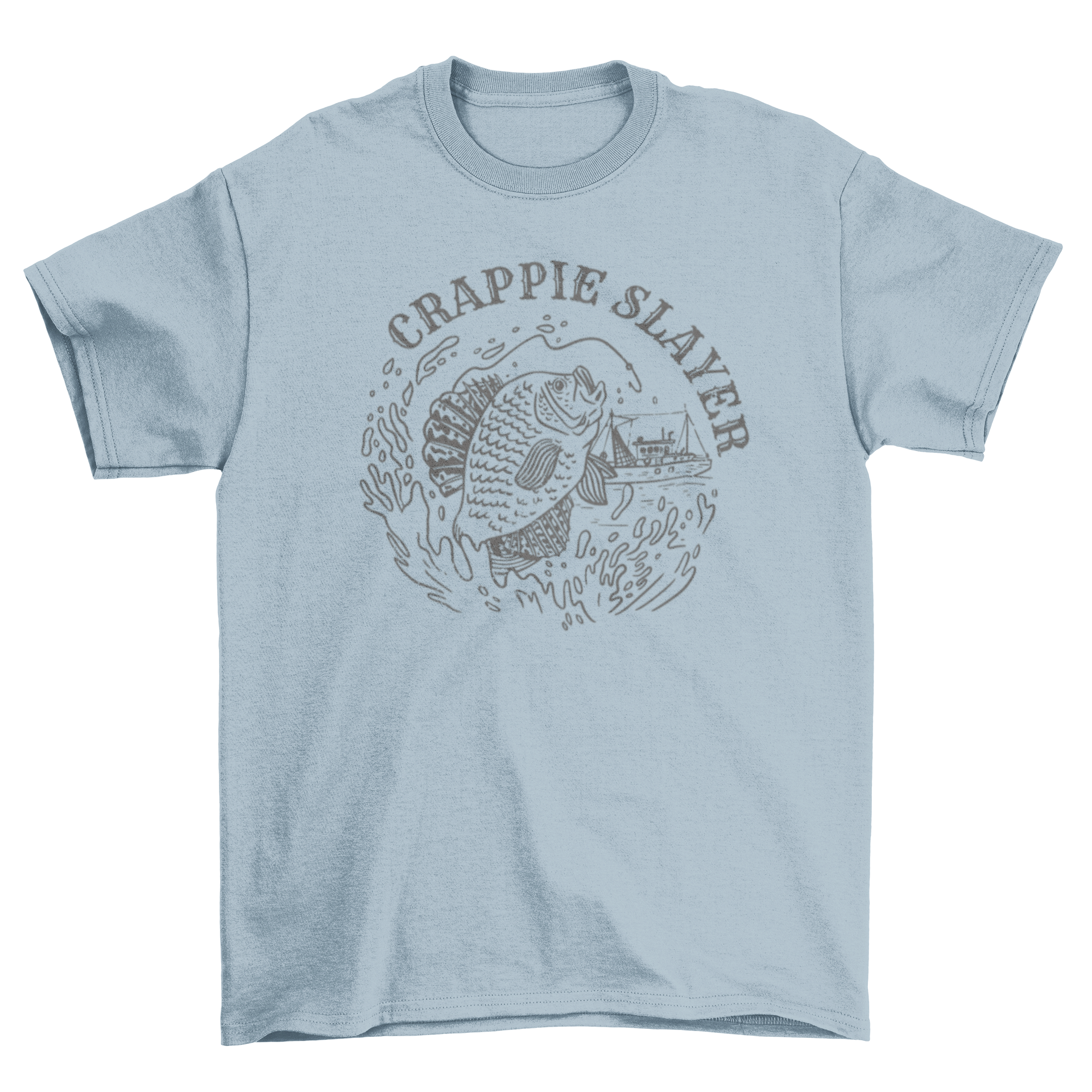 A humorous fishing t-shirt featuring a fish and hook design with the text 'Crappie Slayer'.