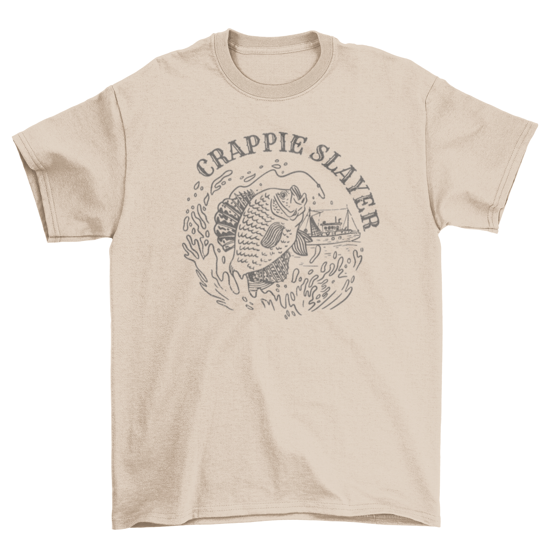 A humorous fishing t-shirt featuring a fish and hook design with the text 'Crappie Slayer'.