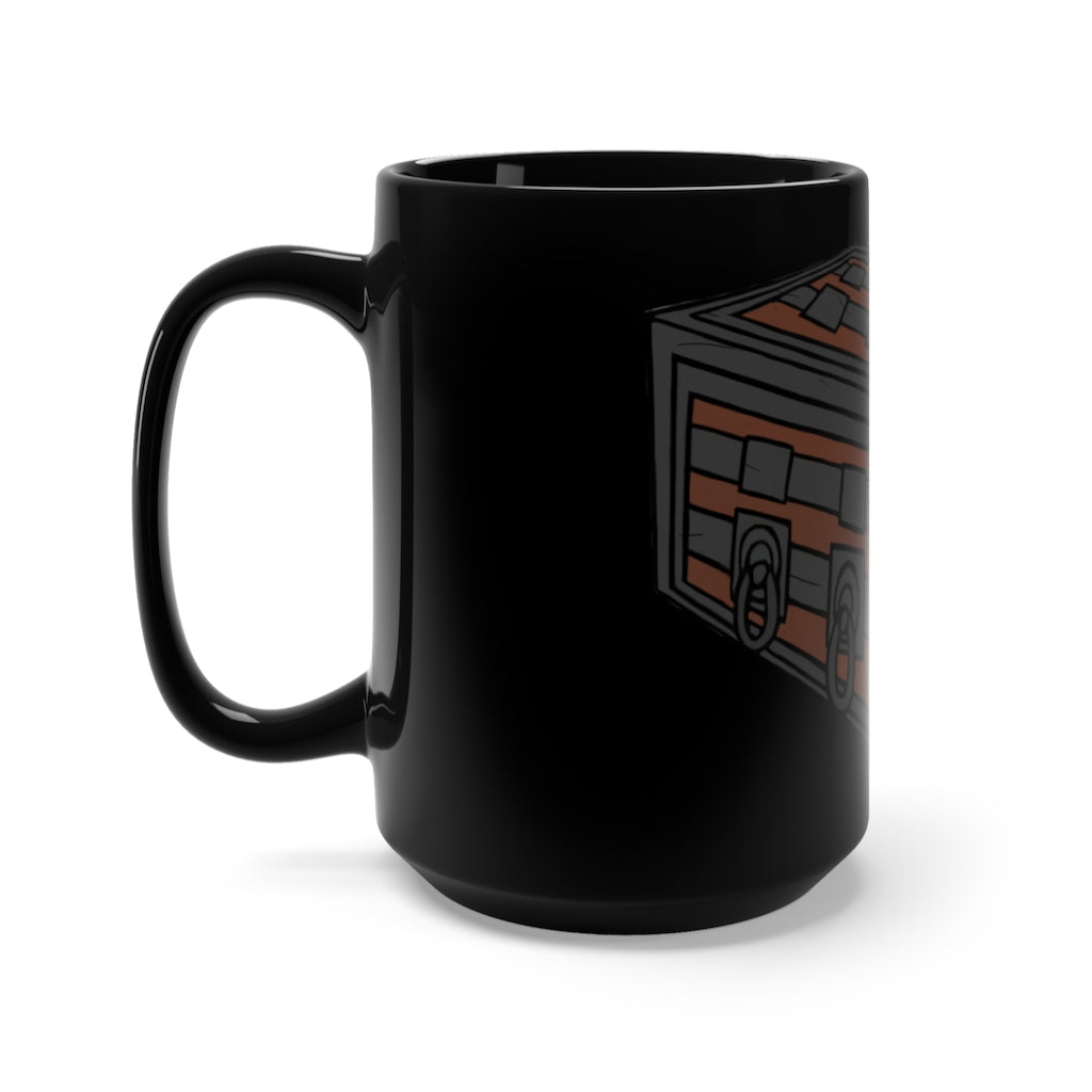 A stylish 15oz black ceramic mug with rounded corners and a C-handle, perfect for coffee and tea lovers.