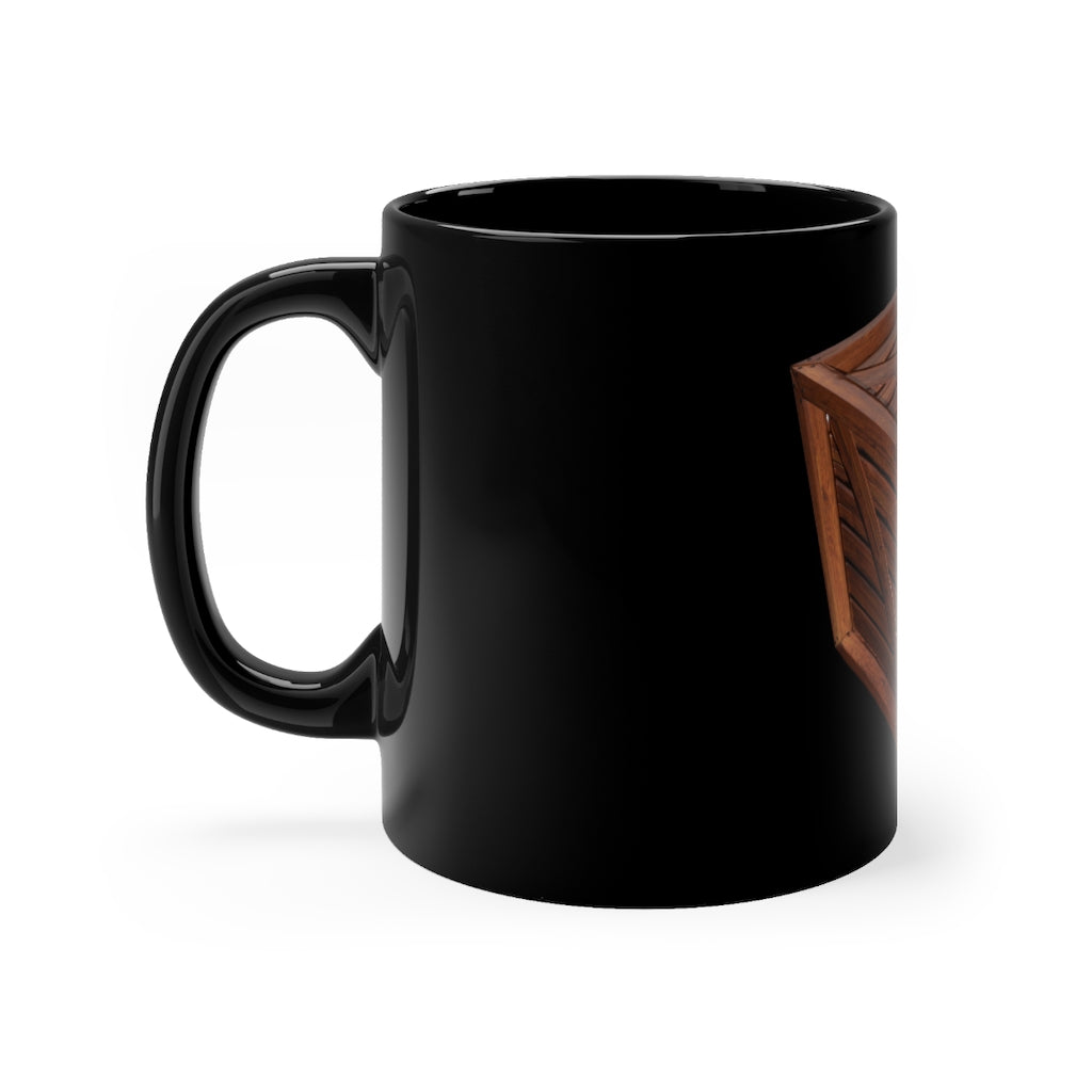 A sleek 11oz black ceramic mug with rounded corners and a C-handle, perfect for coffee or tea.