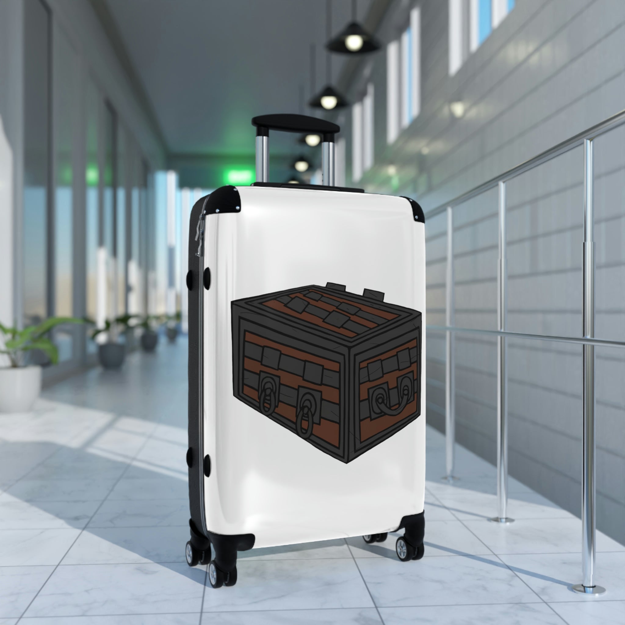 Crate Cabin Suitcase featuring a personalized design, lightweight polycarbonate front, and ABS back, with adjustable handle and 360° swivel wheels.