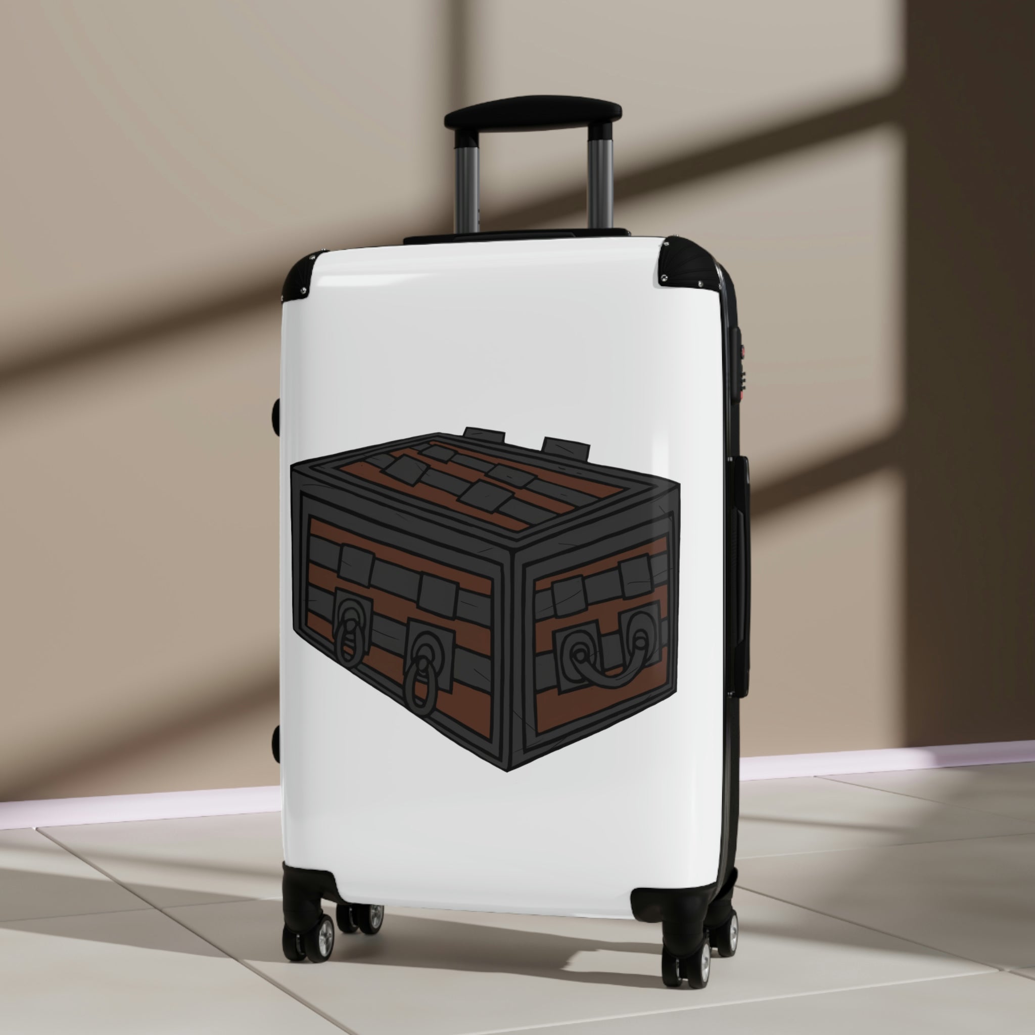 Crate Cabin Suitcase featuring a personalized design, lightweight polycarbonate front, and ABS back, with adjustable handle and 360° swivel wheels.