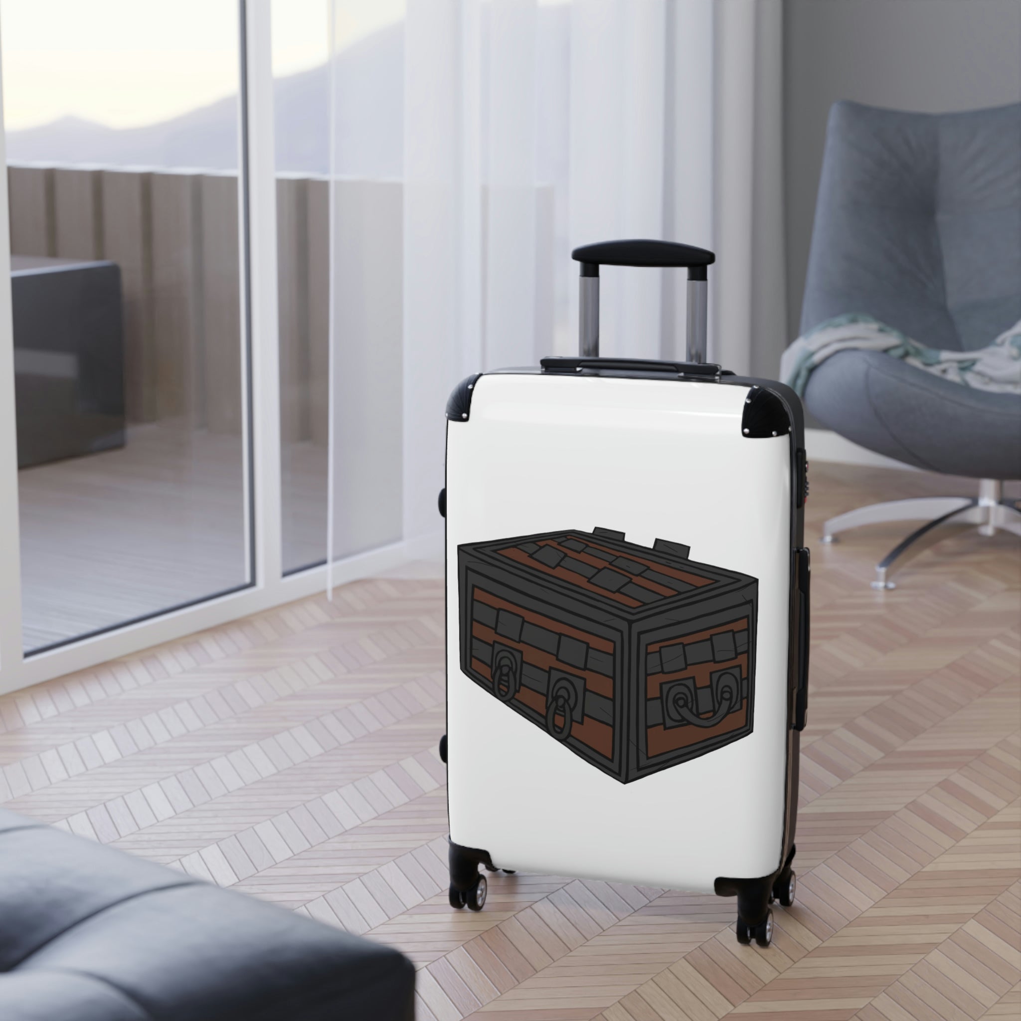 Crate Cabin Suitcase featuring a personalized design, lightweight polycarbonate front, and ABS back, with adjustable handle and 360° swivel wheels.