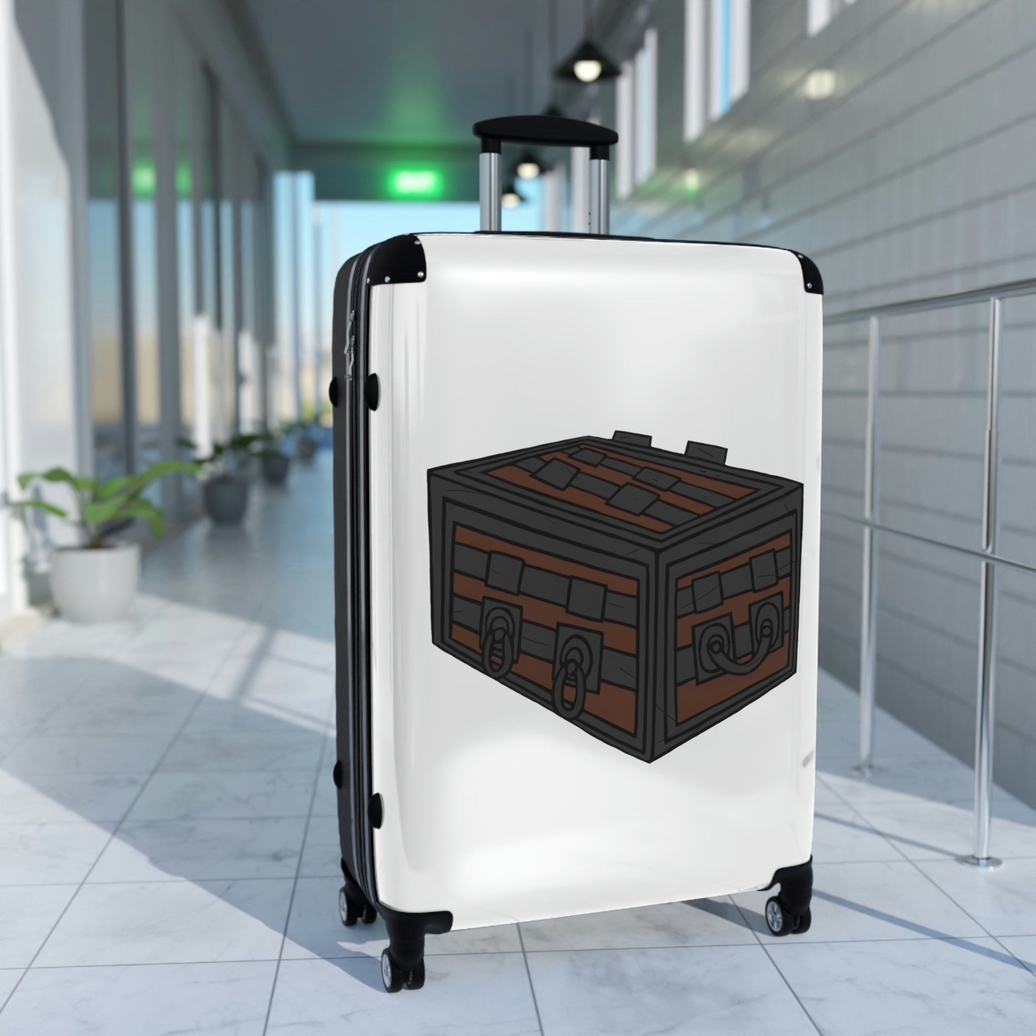 Crate Cabin Suitcase featuring a personalized design, lightweight polycarbonate front, and ABS back, with adjustable handle and 360° swivel wheels.