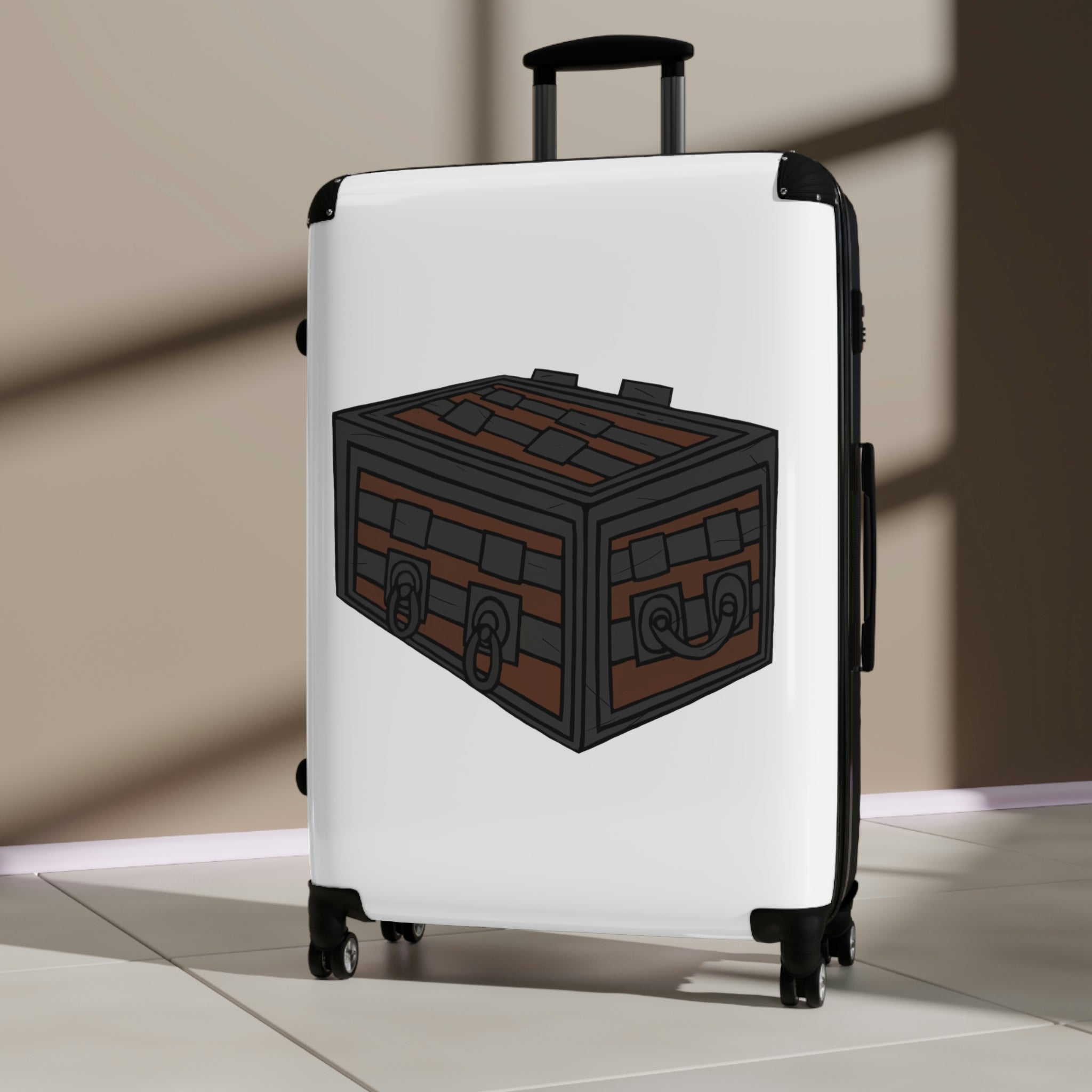 Crate Cabin Suitcase featuring a personalized design, lightweight polycarbonate front, and ABS back, with adjustable handle and 360° swivel wheels.