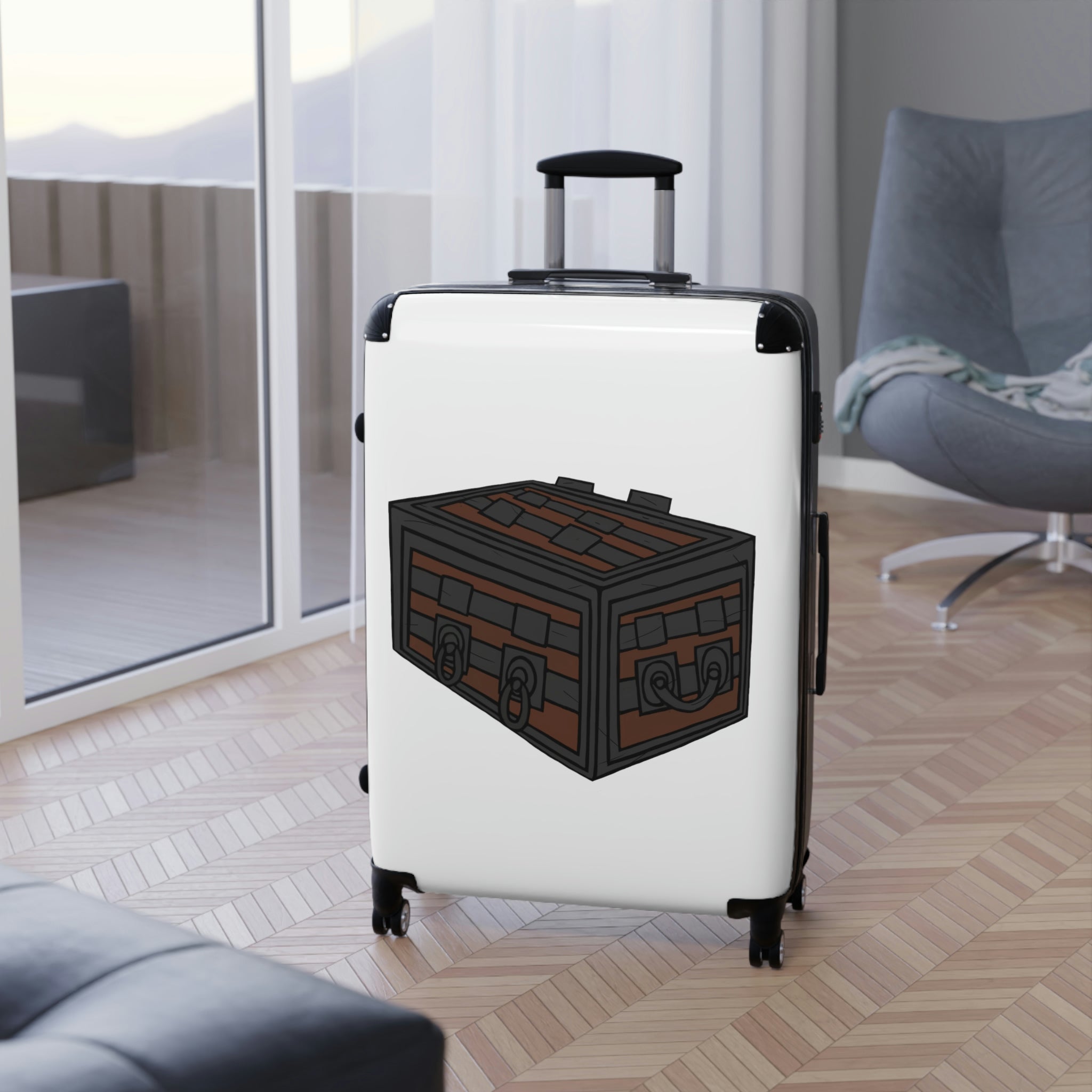 Crate Cabin Suitcase featuring a personalized design, lightweight polycarbonate front, and ABS back, with adjustable handle and 360° swivel wheels.