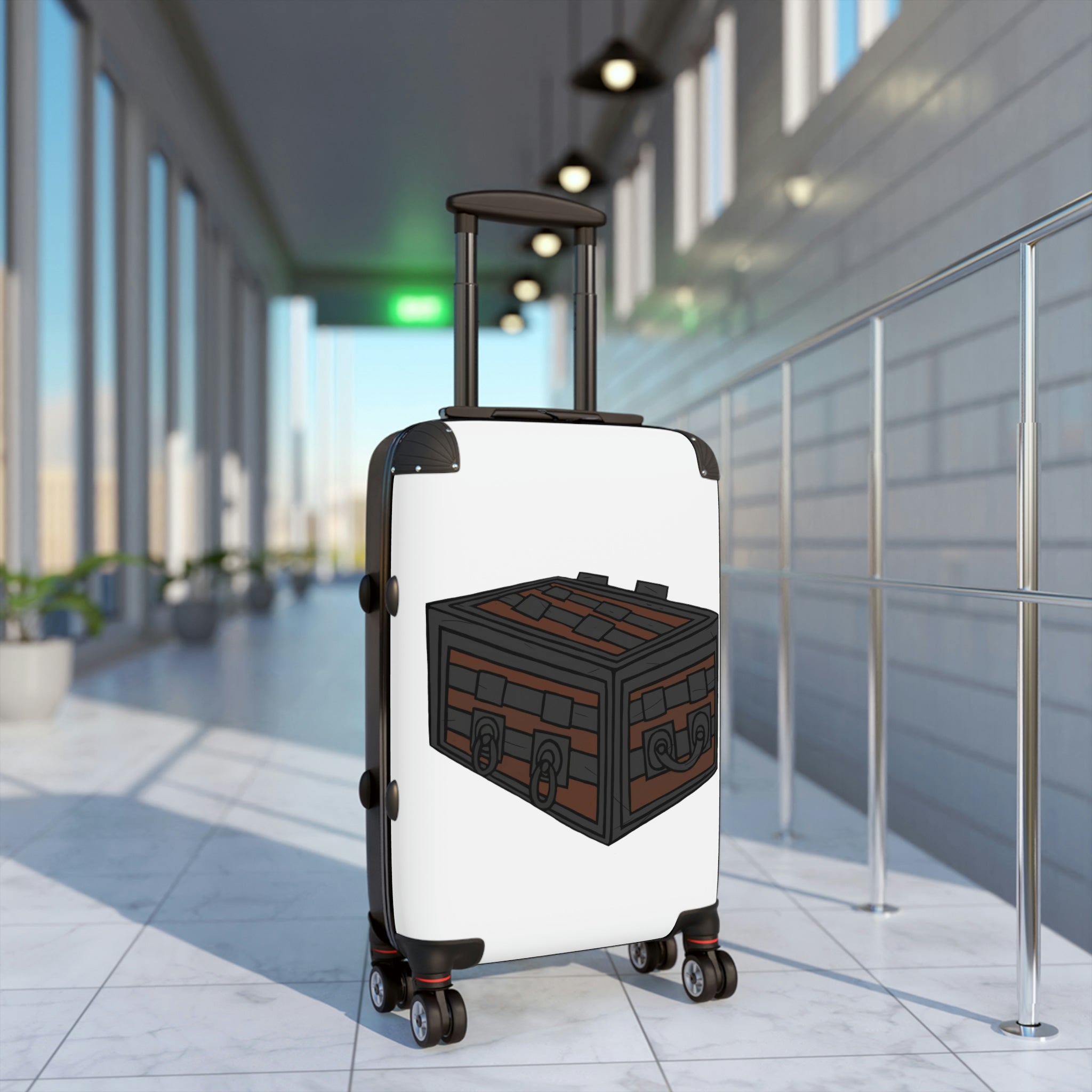 Crate Cabin Suitcase featuring a personalized design, lightweight polycarbonate front, and ABS back, with adjustable handle and 360° swivel wheels.