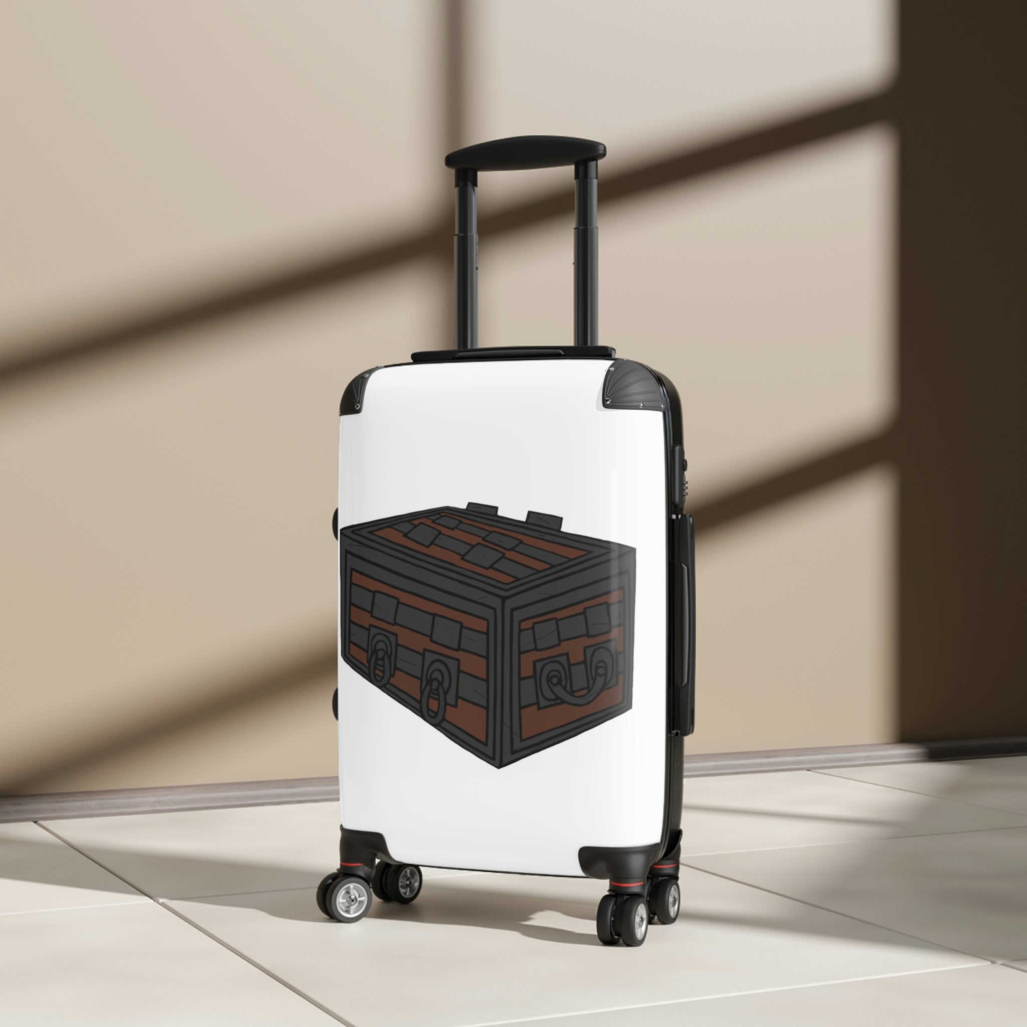 Crate Cabin Suitcase featuring a personalized design, lightweight polycarbonate front, and ABS back, with adjustable handle and 360° swivel wheels.