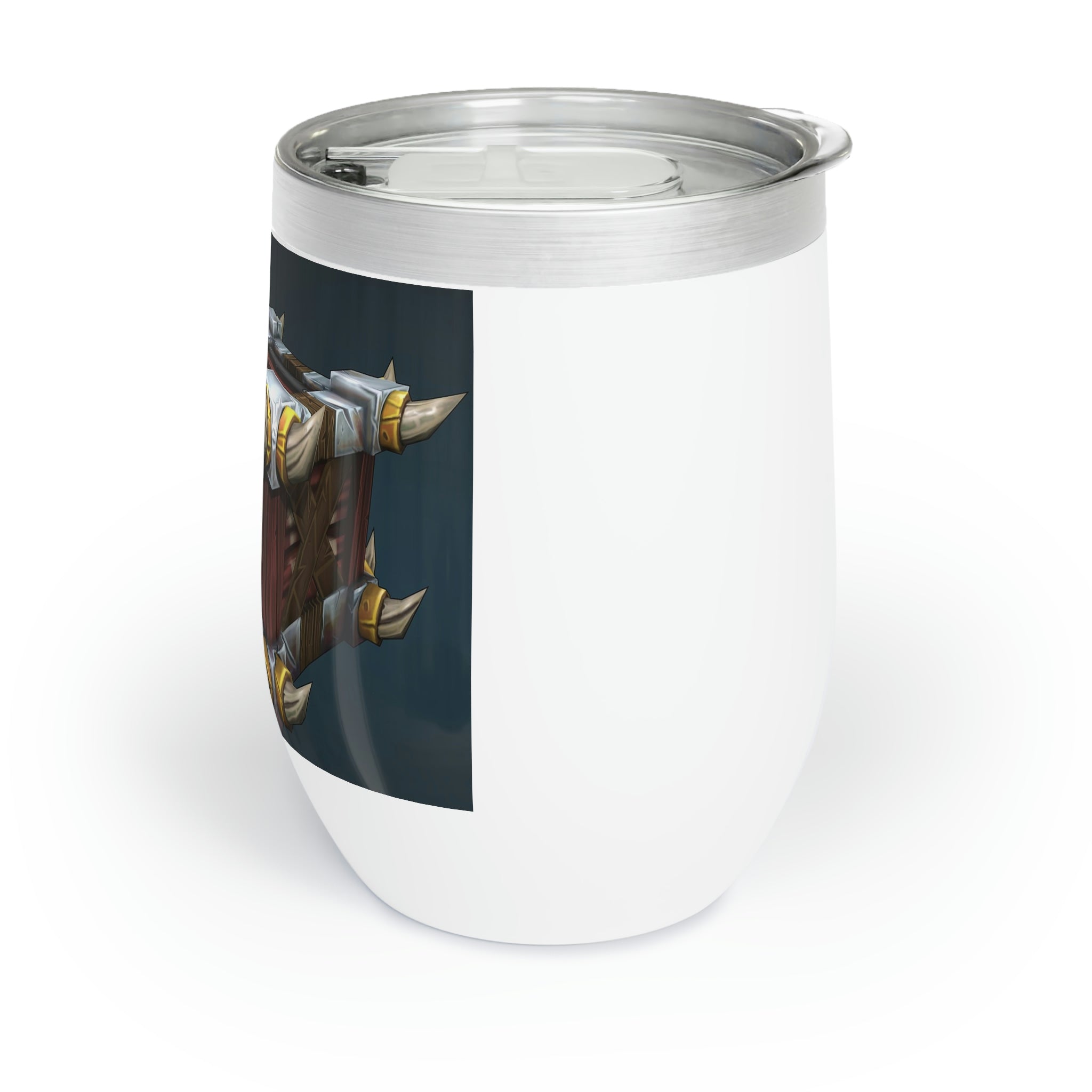 A stylish Crate Chill Wine Tumbler made of stainless steel, featuring a customizable design and double-insulated walls for temperature retention.