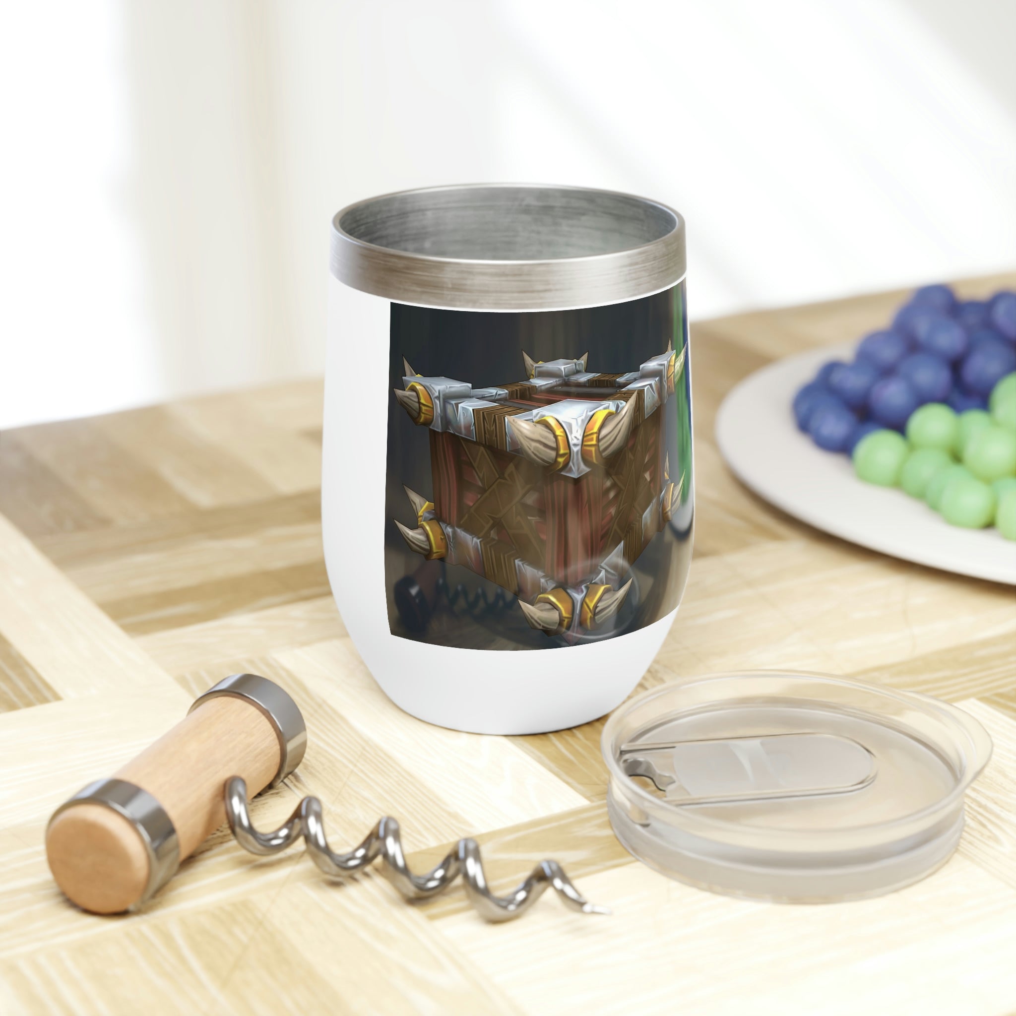 A stylish Crate Chill Wine Tumbler made of stainless steel, featuring a customizable design and double-insulated walls for temperature retention.