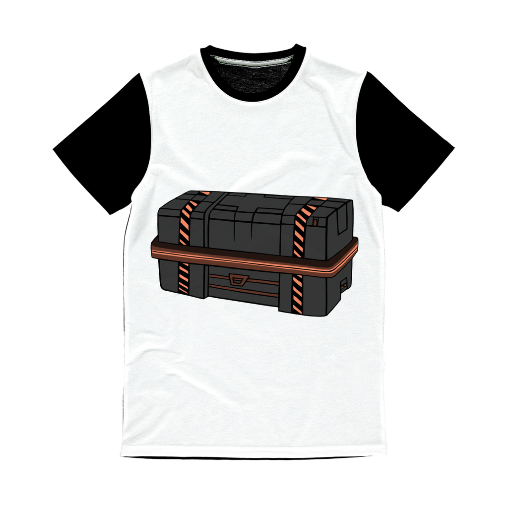 Crate Classic Sublimation Panel T-Shirt featuring a vibrant front design and a plain black back, ideal for custom printing.