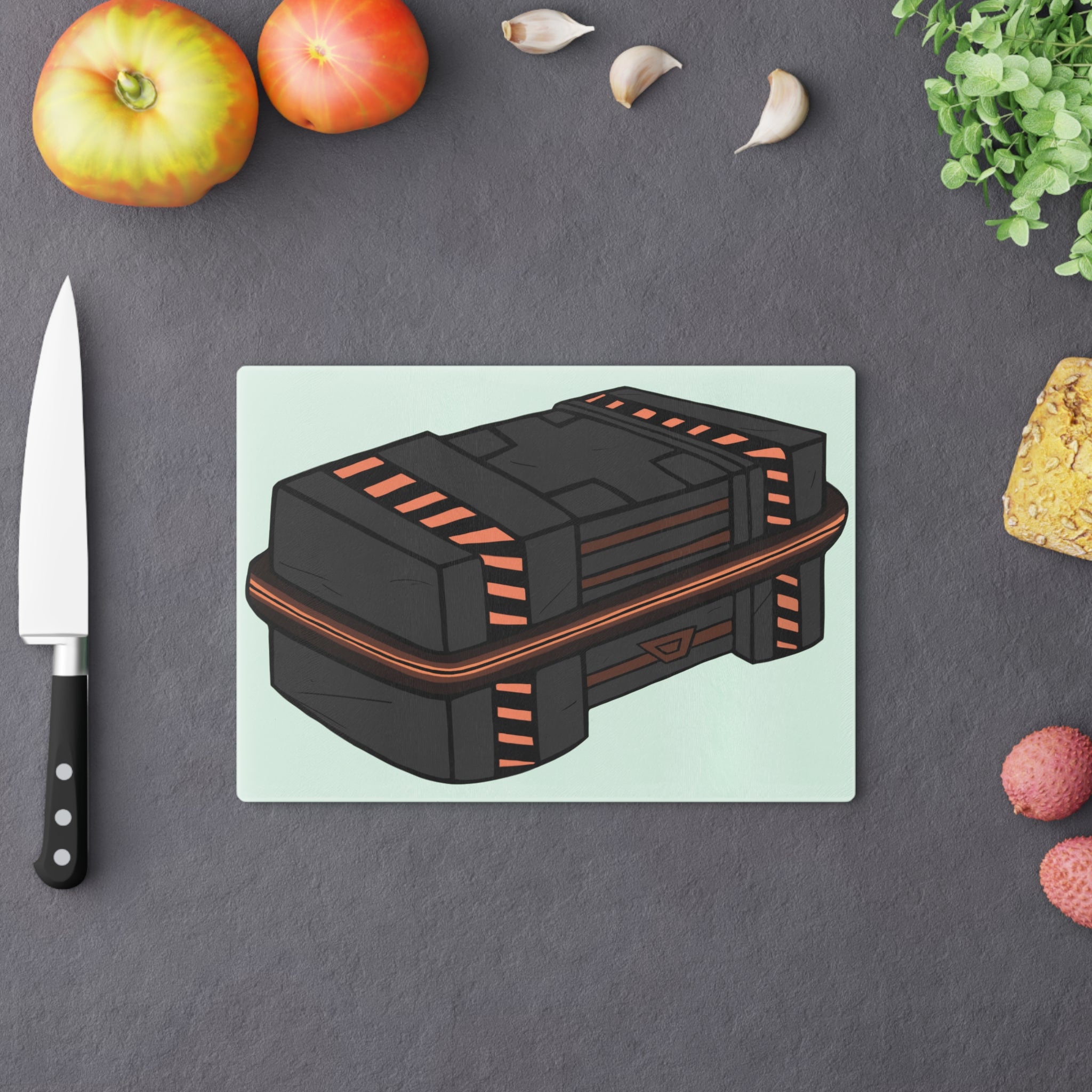 A personalized Crate Cutting Board made of tempered glass with rubber dots for stability, showcasing a unique design.