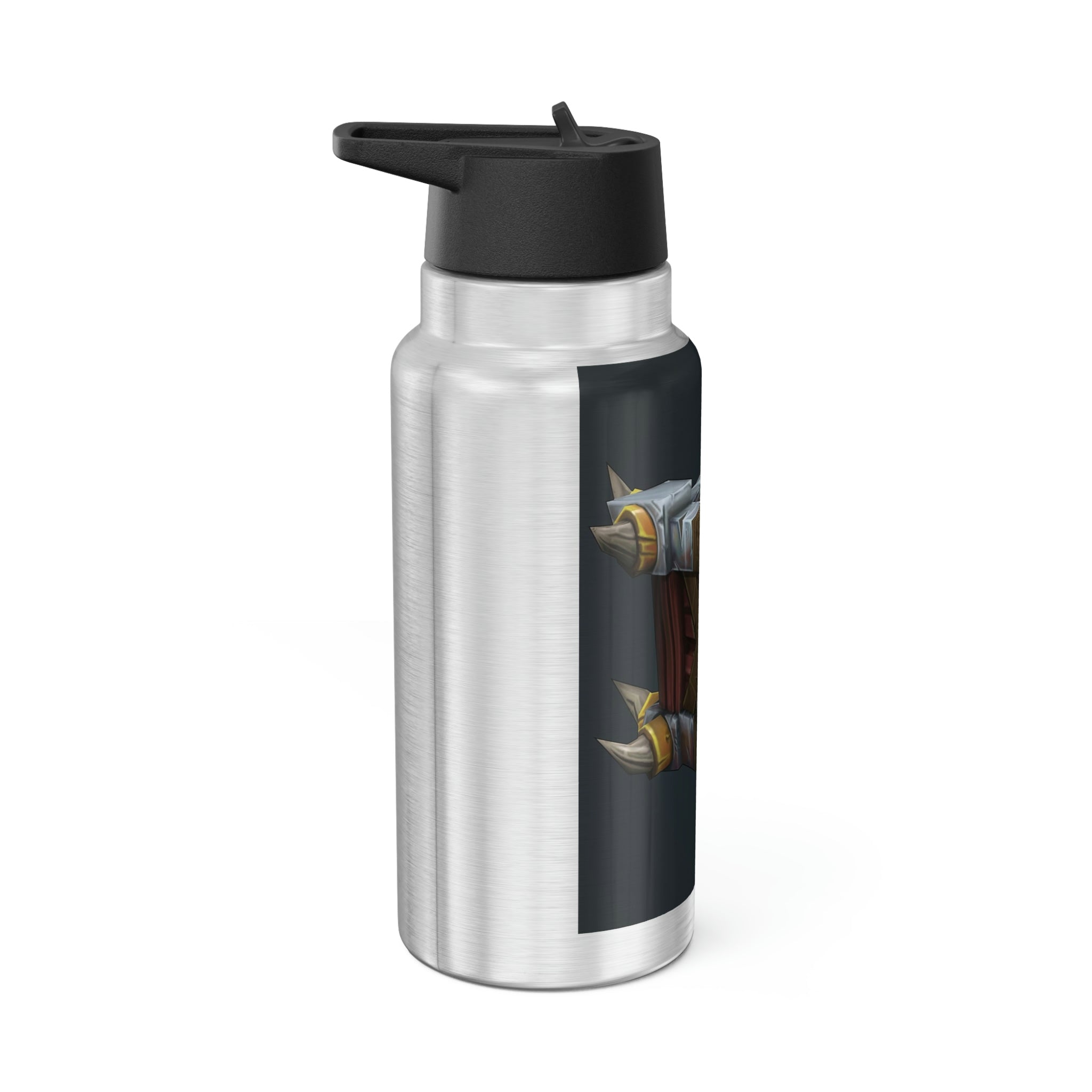 Crate Gator Tumbler in stainless steel with a black screw-on cap and a plastic straw, showcasing a customizable design.