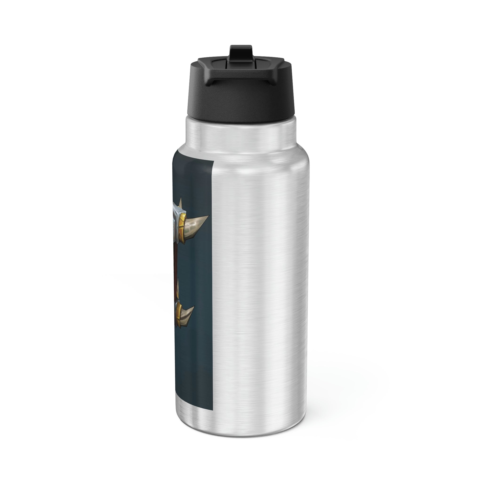 Crate Gator Tumbler in stainless steel with a black screw-on cap and a plastic straw, showcasing a customizable design.