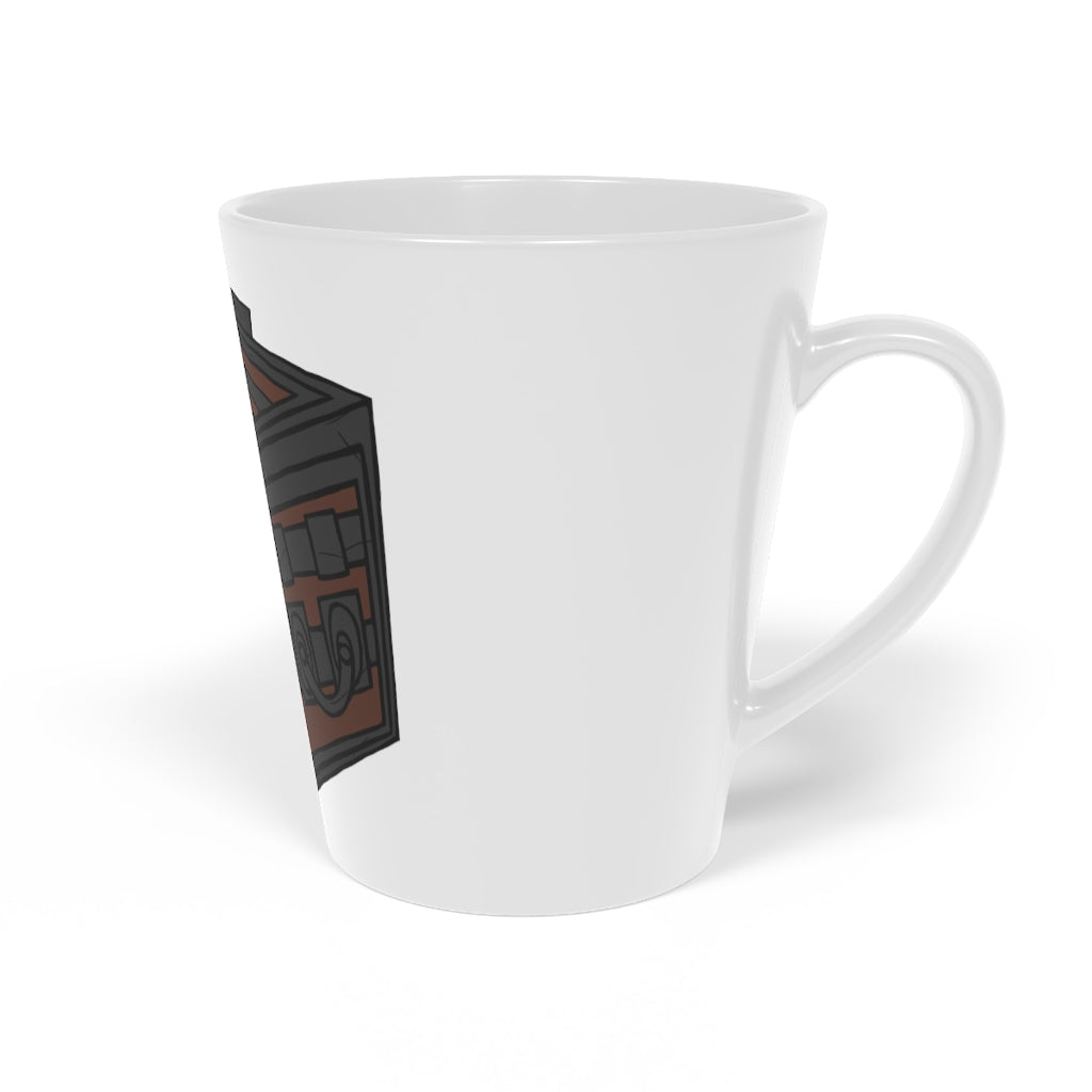 A stylish 12oz Crate Latte Mug made of durable white ceramic with a scratch-resistant finish and an easy-grip C-shaped handle.